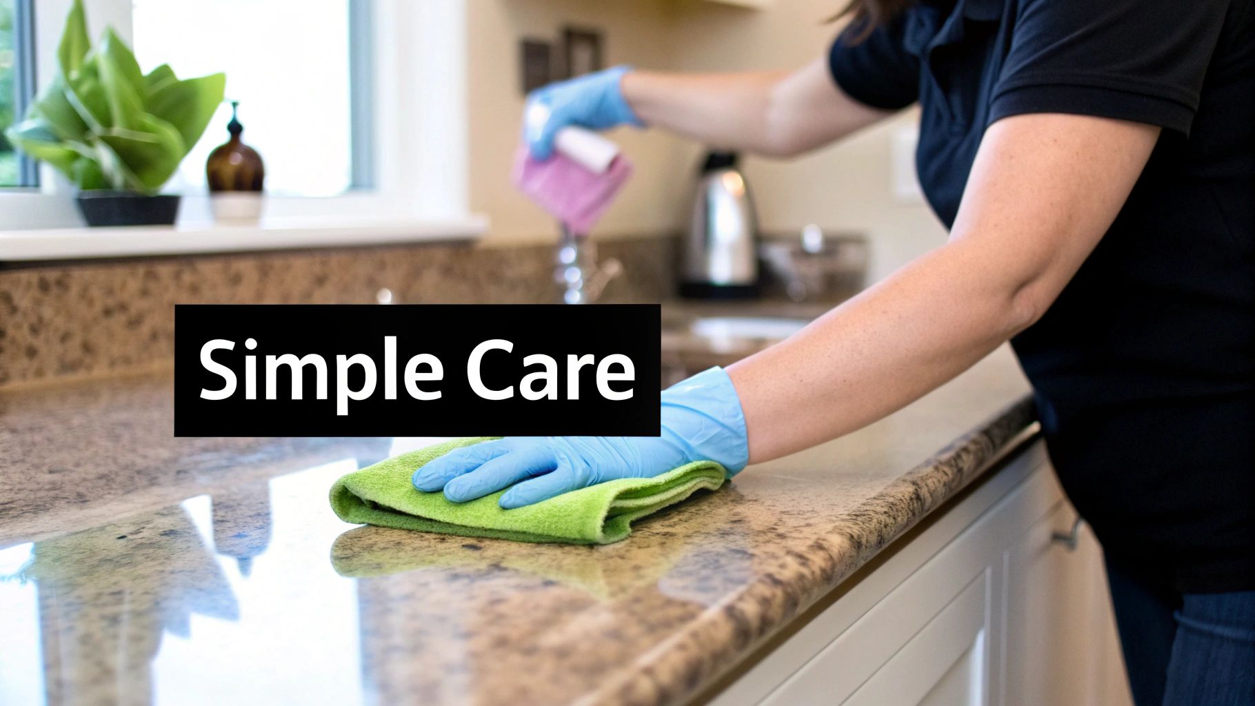 Person cleaning a stain-proof countertop with a green cloth and wearing blue gloves, emphasizing easy maintenance and care for durable surfaces in home design.