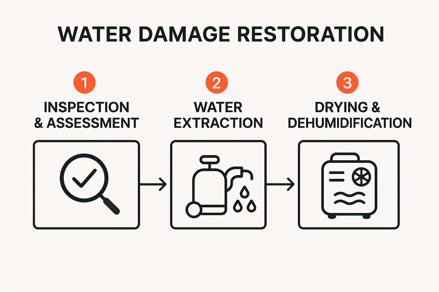 Water damage restoration infographic illustrating three key steps: inspection and assessment, water extraction, and drying and dehumidification, with icons representing each process.