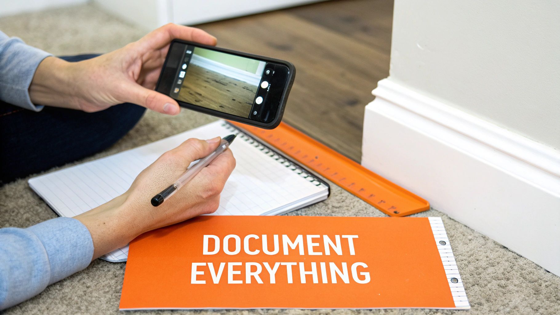 A person uses a smartphone to photograph a damaged floor and takes notes, emphasizing 'DOCUMENT EVERYTHING'.