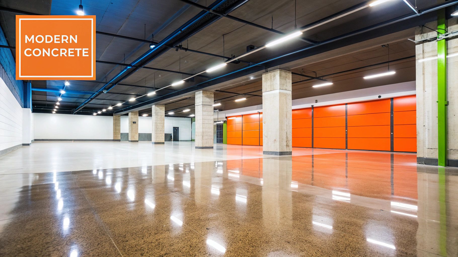 Polished concrete flooring in a modern basement setting, featuring a high-gloss surface, industrial pillars, and vibrant orange garage doors, showcasing durability and contemporary design for Orange County homes.