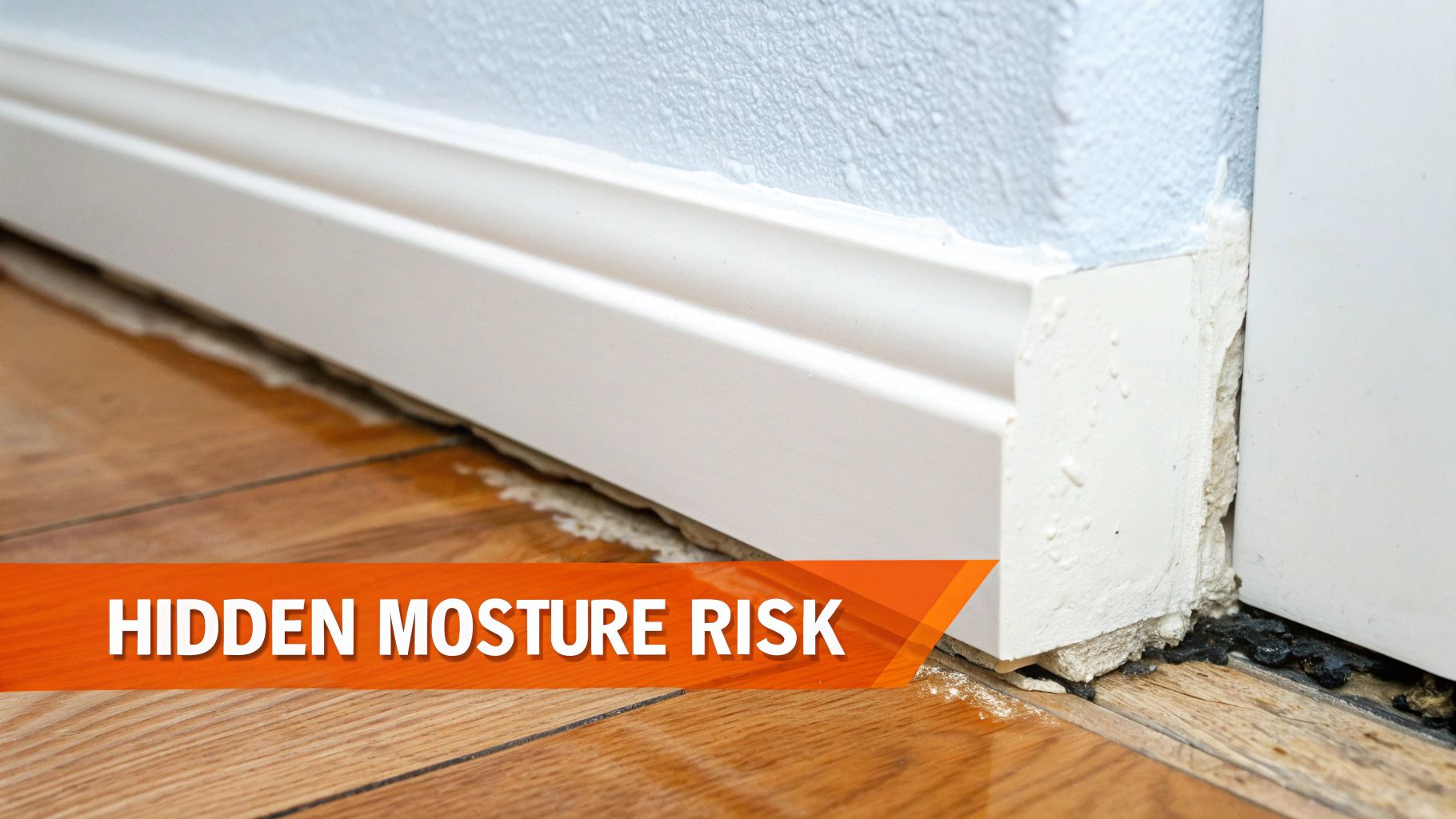 Hidden moisture risk at baseboard, highlighting potential mold growth after water damage, relevant to antimicrobial treatment importance in home restoration.