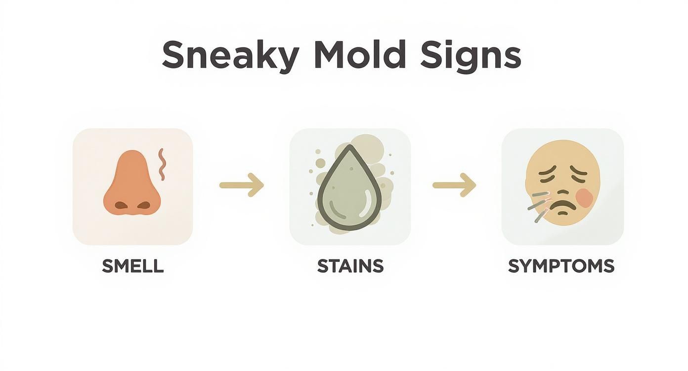 Sneaky mold signs illustrating smell, stains, and symptoms as indicators of hidden mold issues in homes.