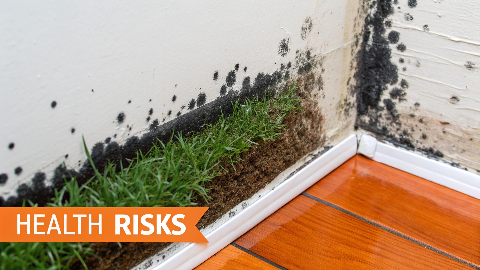 Mold growth on wall corner with visible black spores and grass, highlighting health risks associated with mold exposure in residential properties.