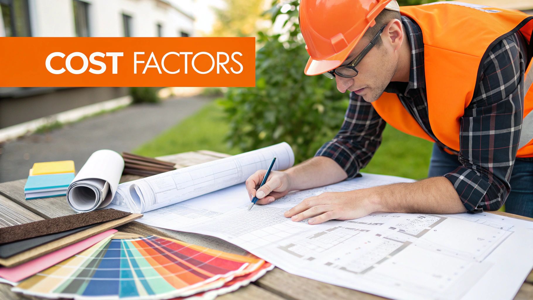 Man in safety gear reviewing architectural blueprints and cost factors for home addition project, surrounded by design materials and color samples.