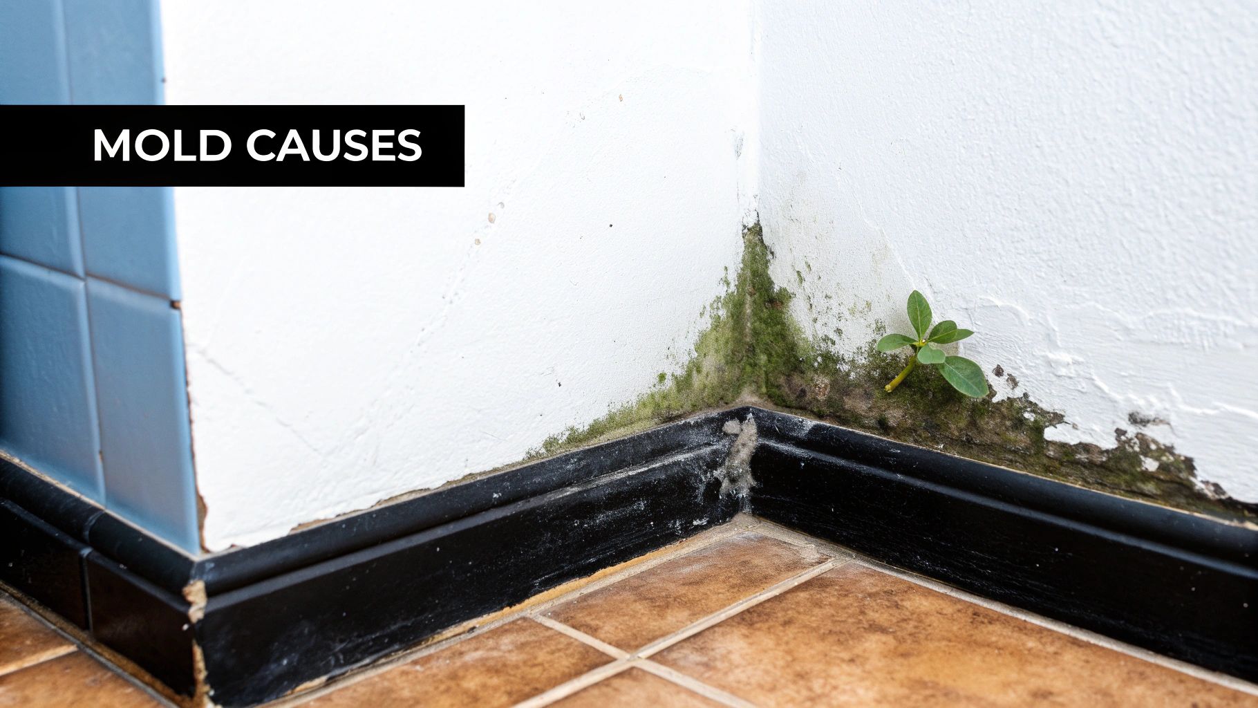 Mold growth in corner of room with visible moisture damage and plant sprouting, highlighting mold causes and indoor air quality concerns.