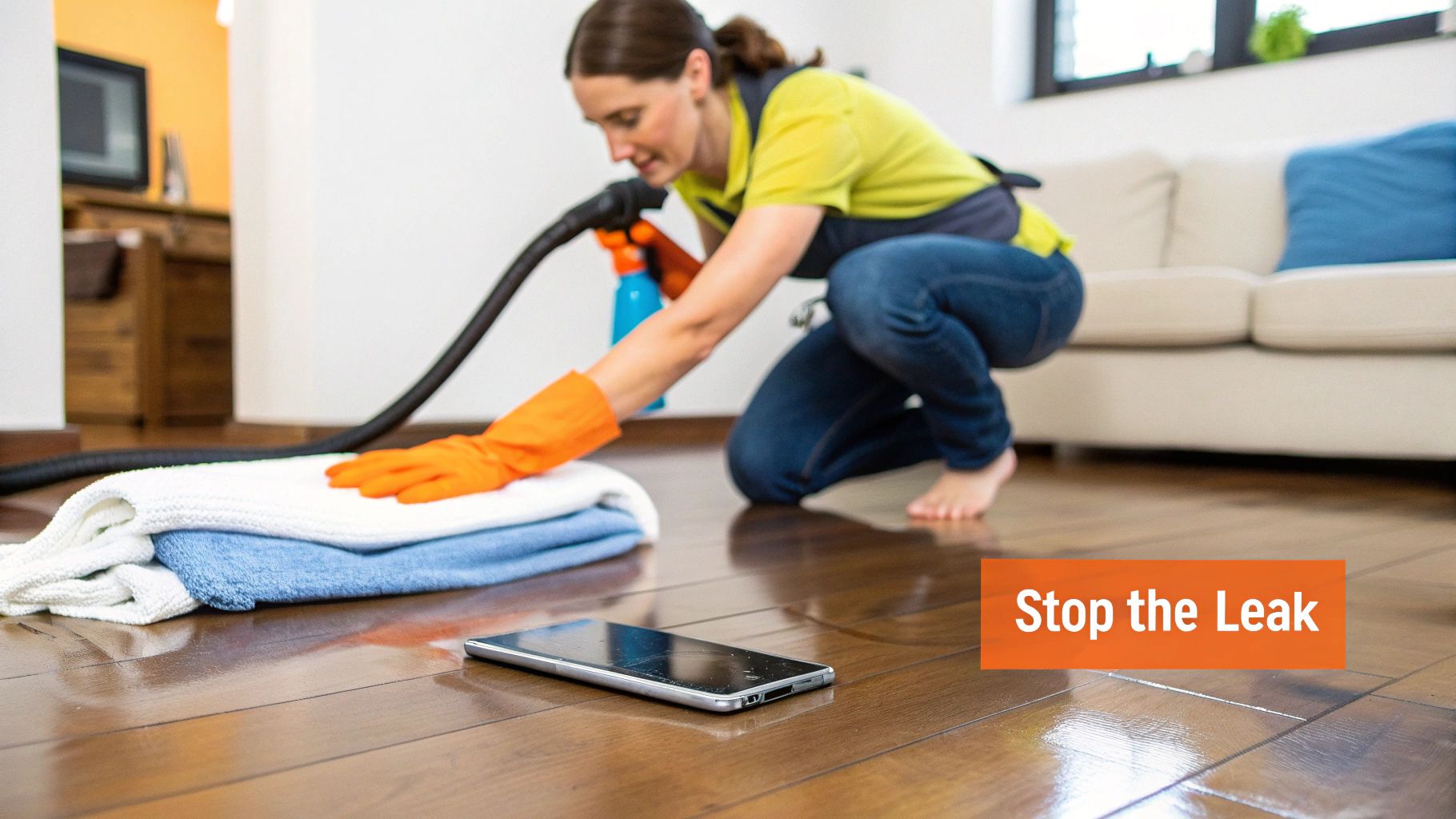 A woman cleaning a wet hardwood floor with towels and a vacuum hose, addressing a water leak.