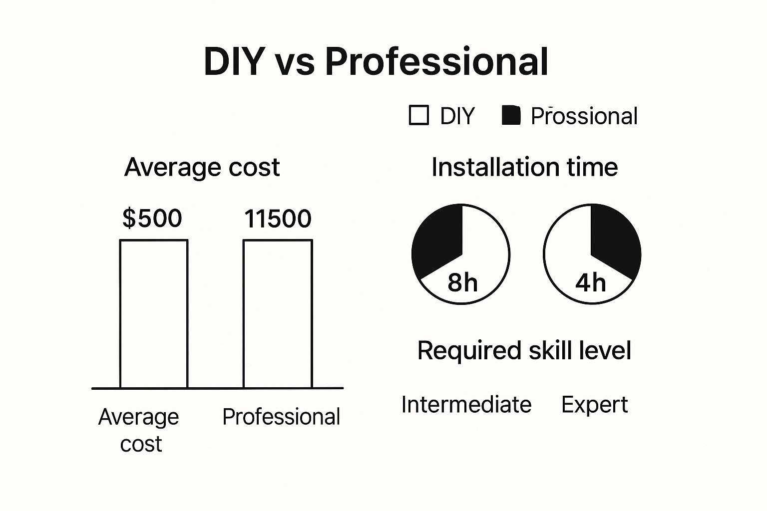 DIY vs Professional cost comparison chart showing average costs of $500 for DIY and $11,500 for professional installation, along with installation times of 8 hours for DIY and 4 hours for professionals, highlighting required skill levels as intermediate for DIY and expert for professionals.