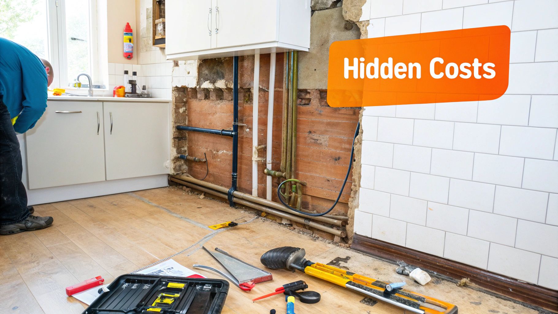 Kitchen renovation scene showing a contractor inspecting hidden plumbing and electrical work behind drywall, with tools and materials scattered on the floor, highlighting potential hidden costs.