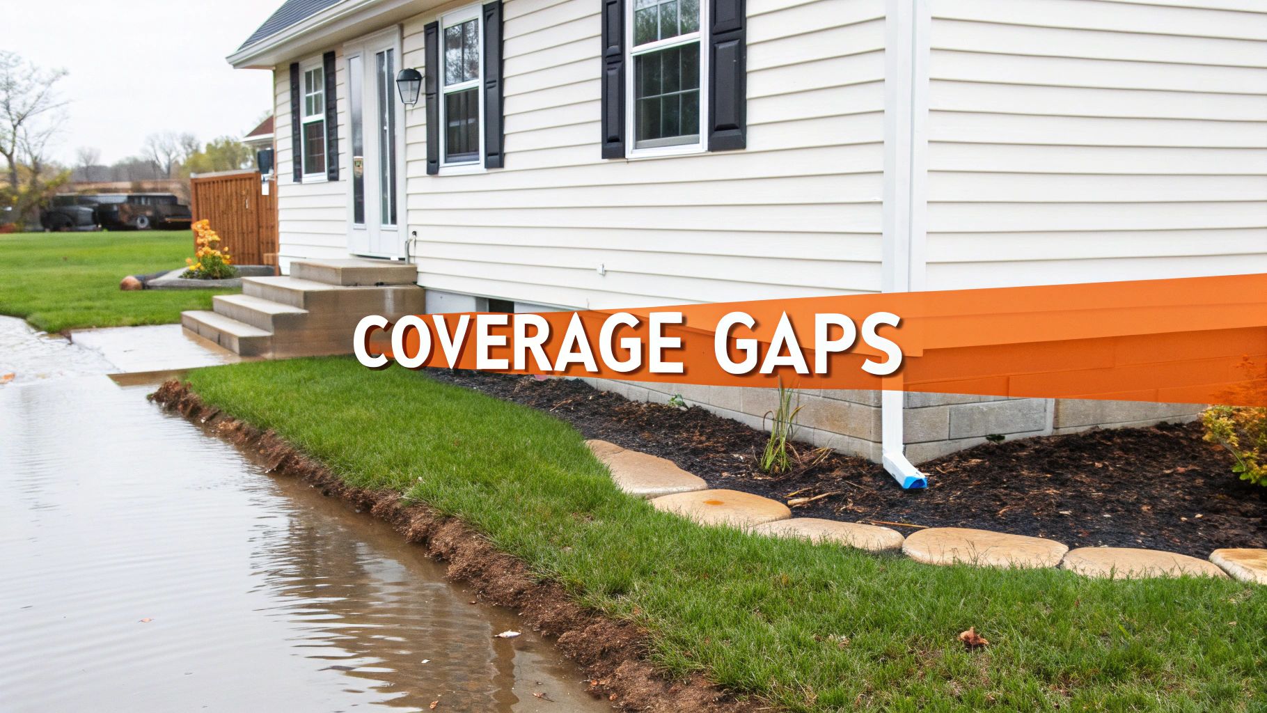 A house with floodwater in the yard, highlighting potential homeowners insurance coverage gaps.