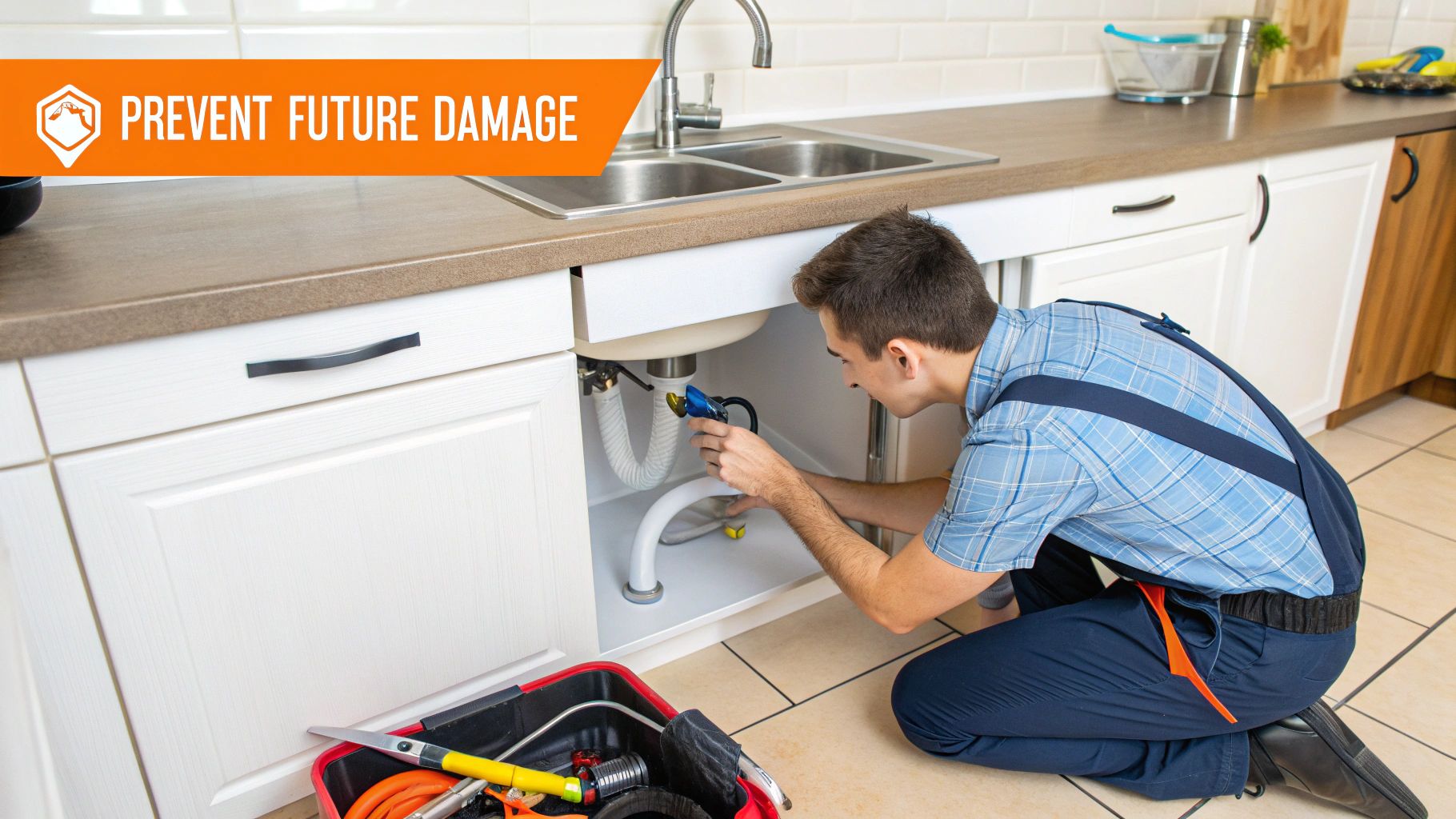 Plumber inspecting under kitchen sink with tools, emphasizing water damage prevention and restoration services.
