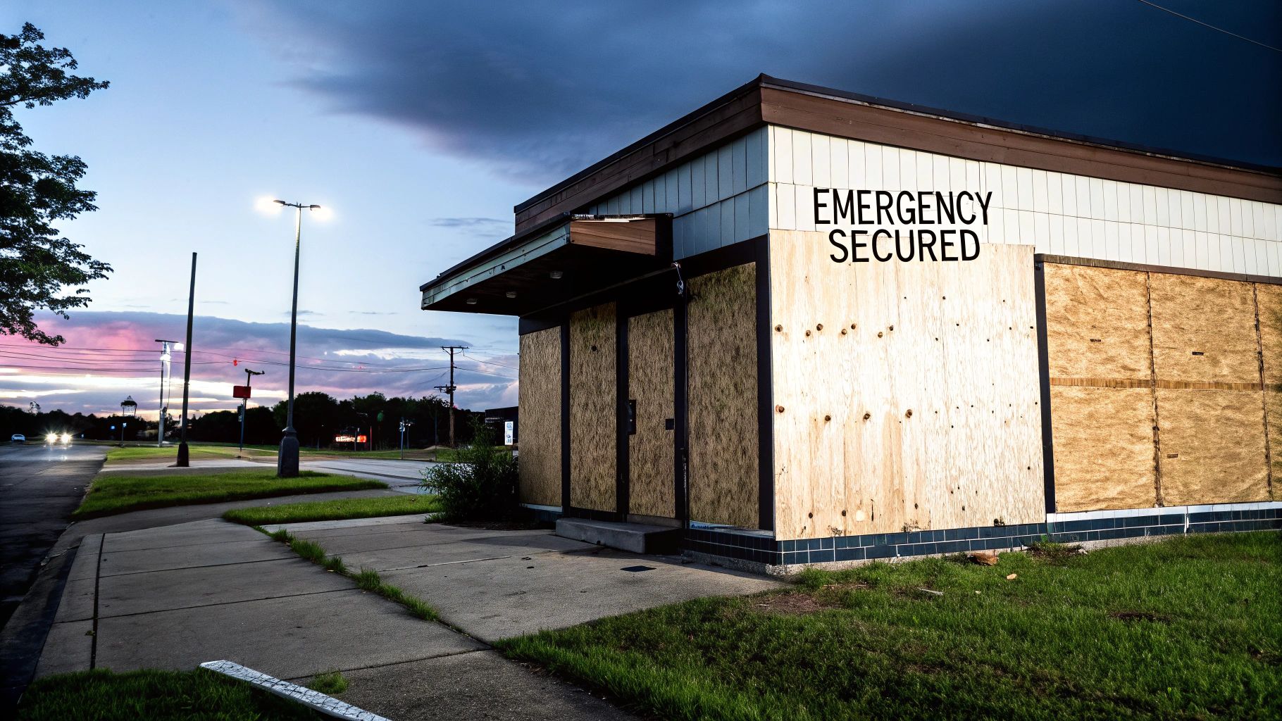 Emergency board-up service in Orange County, secured building with plywood, "EMERGENCY SECURED" sign, dusk setting, emphasizing property protection after disaster.