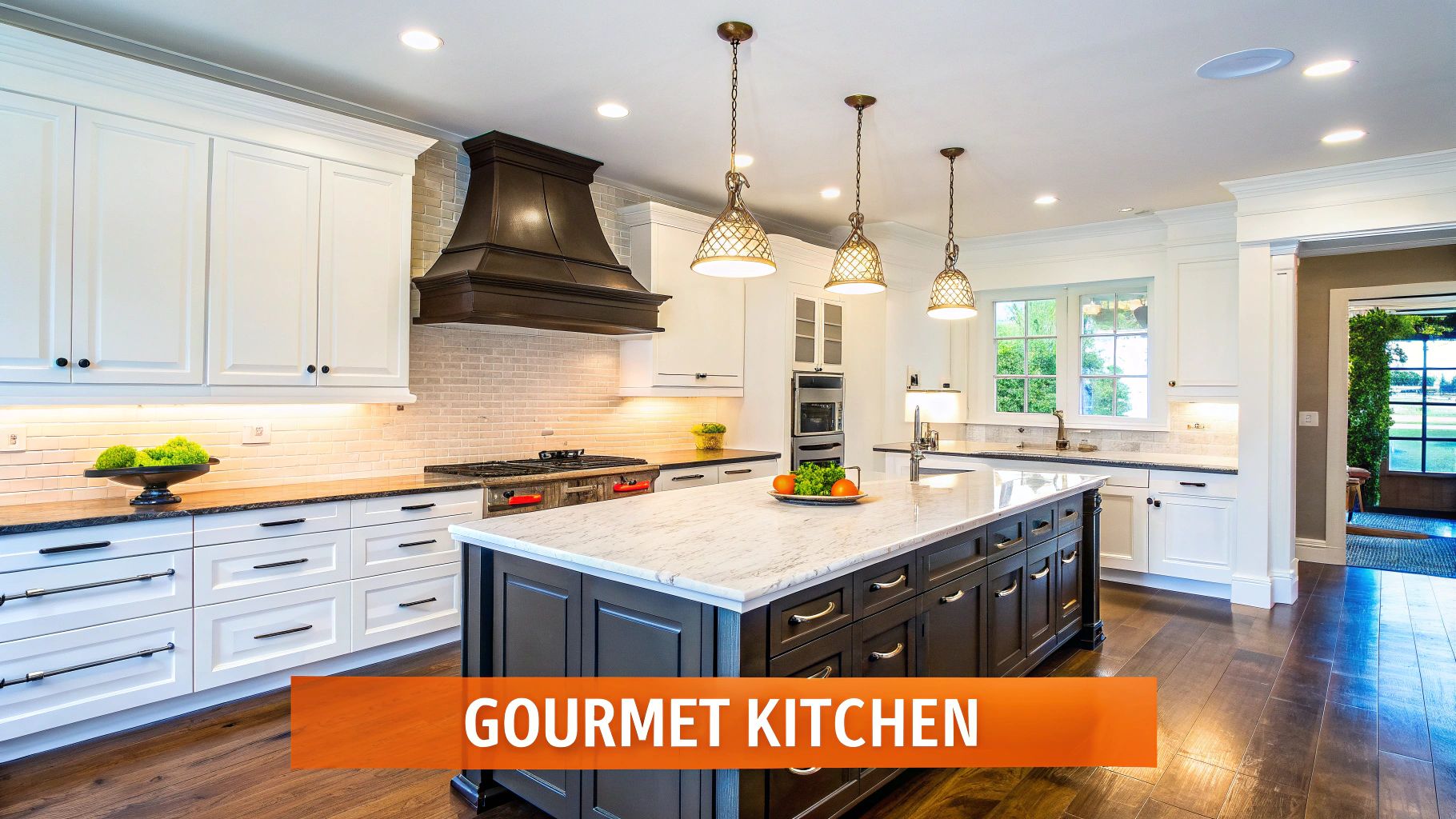 A modern gourmet kitchen featuring white cabinetry, a large island with marble top, and dark wood floors.