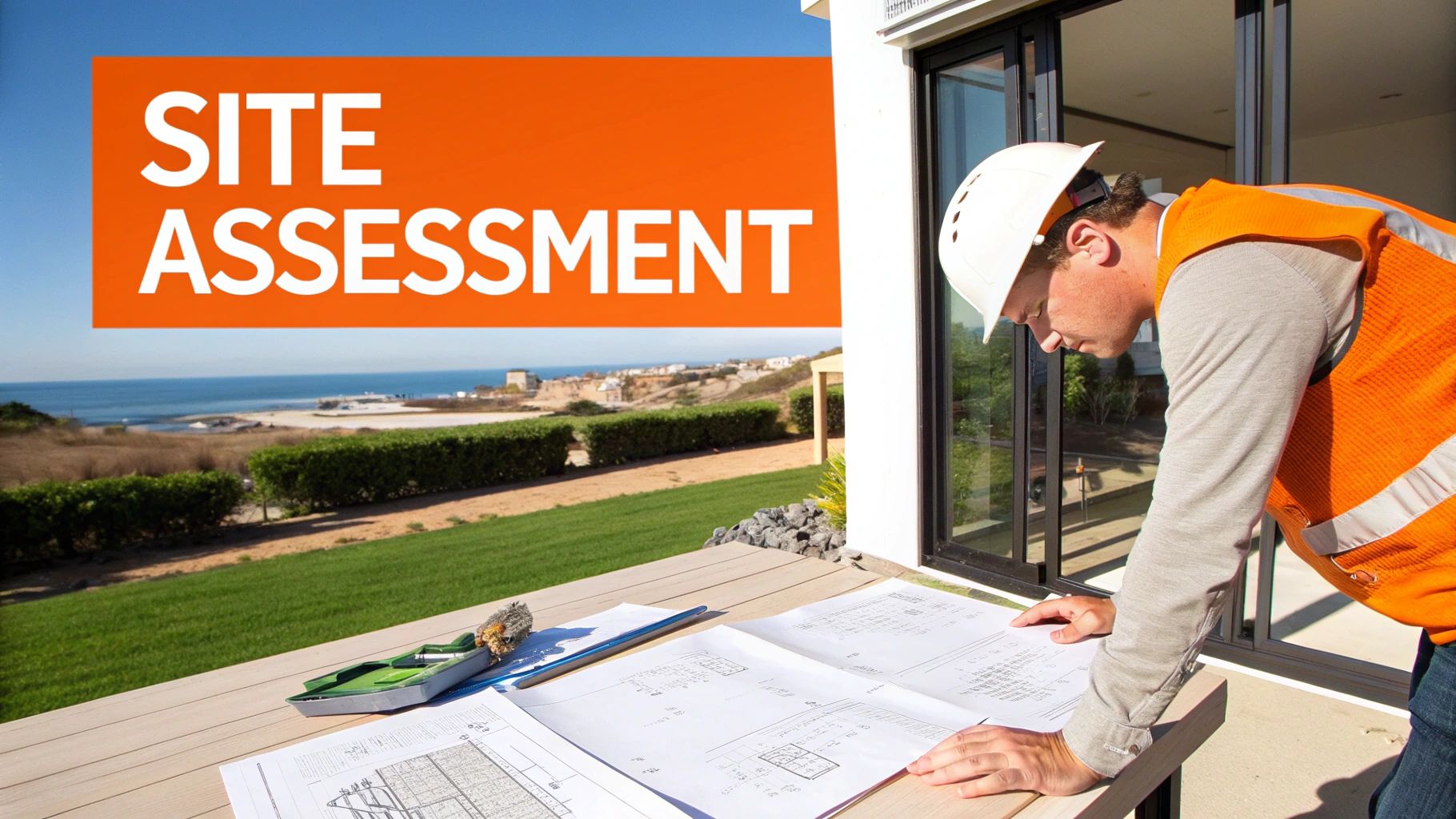 Construction worker reviews 'SITE ASSESSMENT' blueprints outdoors, with an ocean view in the background.
