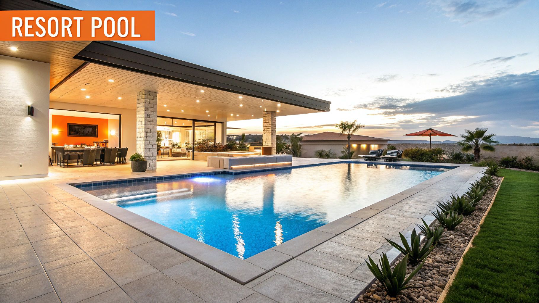 Resort-style luxury pool with modern design, integrated seating, and outdoor dining area, surrounded by landscaped greenery and evening lighting, enhancing outdoor living spaces for upscale homes in Orange County.