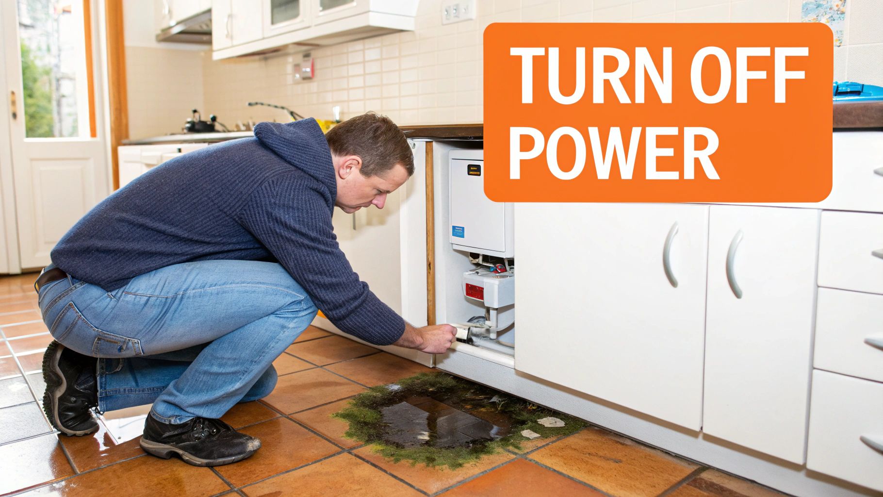 A man kneels in a kitchen with water damage, working on a leak under the counter, with a "Turn Off Power" sign.