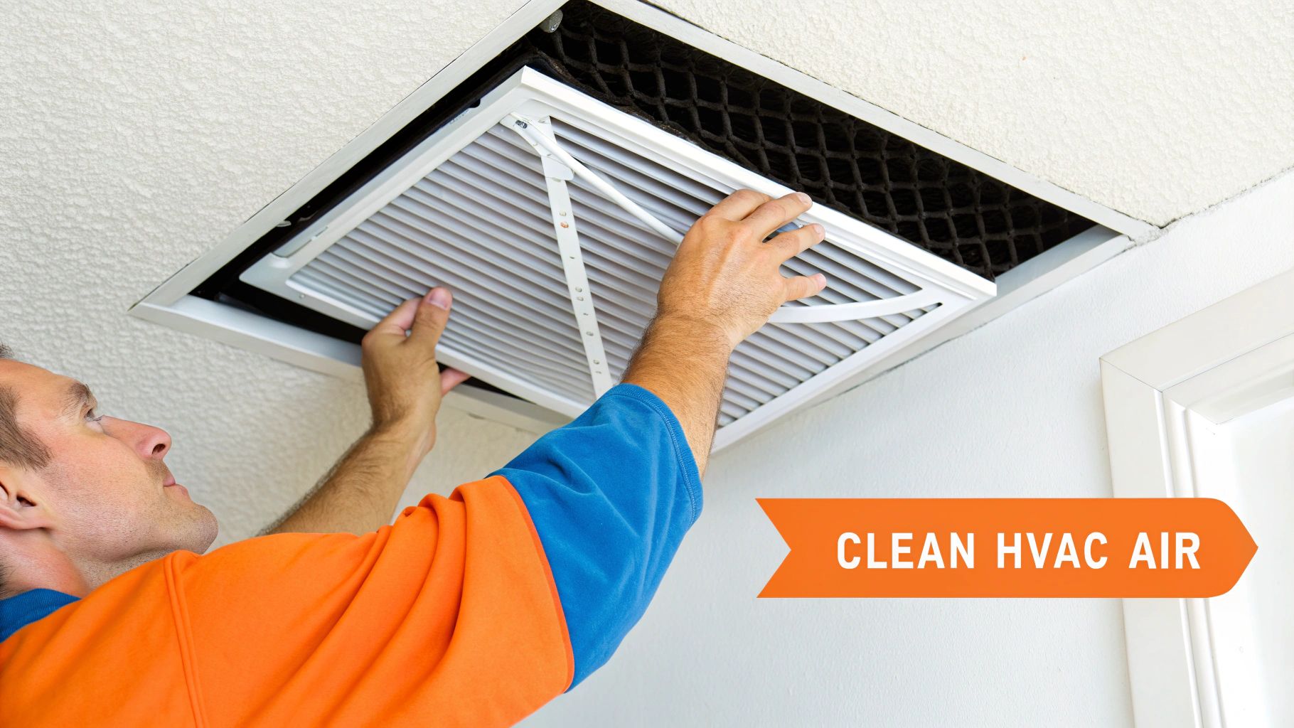 A man in an orange shirt replacing a dirty HVAC air filter in a ceiling vent.