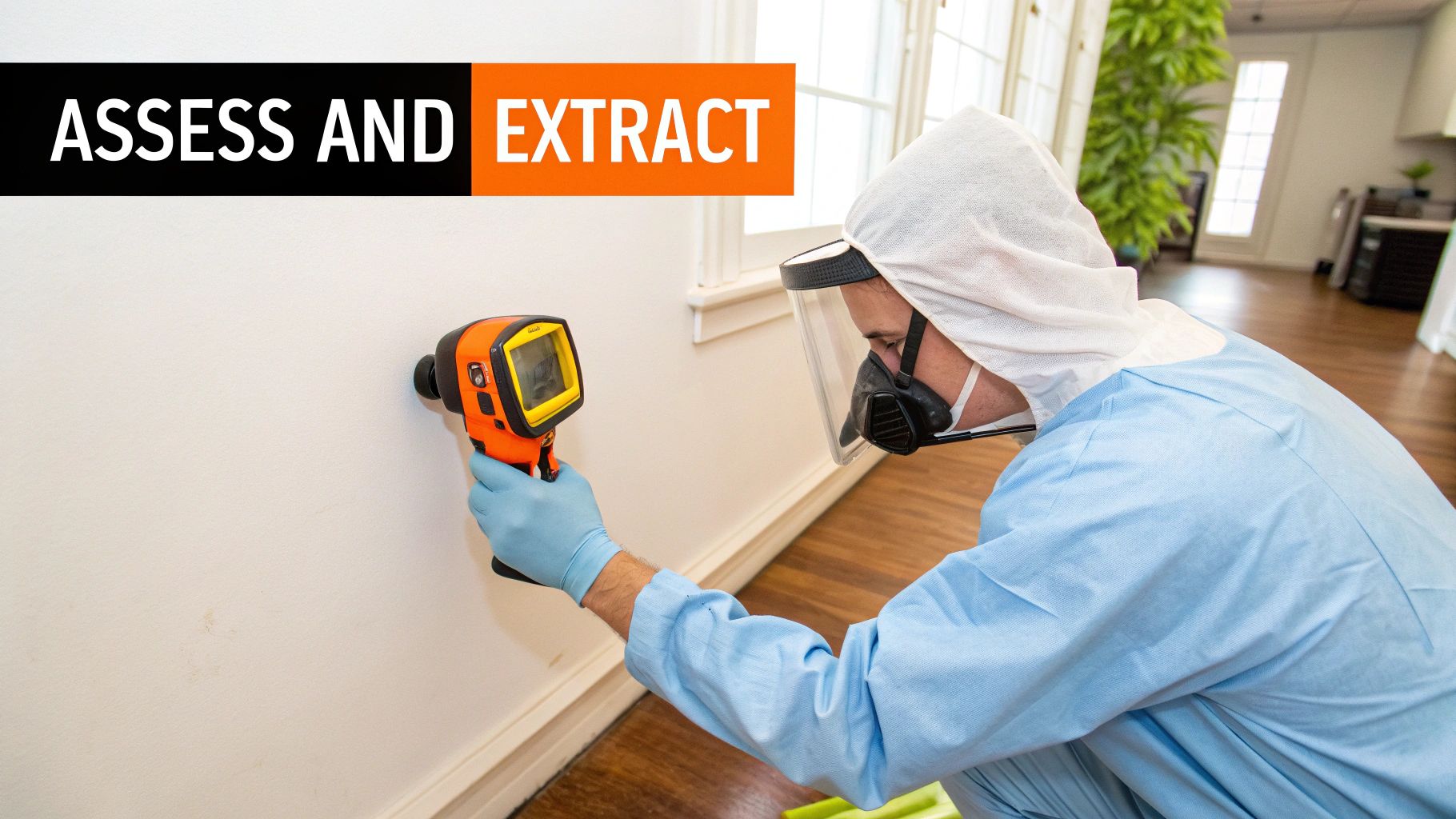 Professional technician using thermal imaging camera for moisture detection in water damage restoration process, assessing hidden moisture in walls.