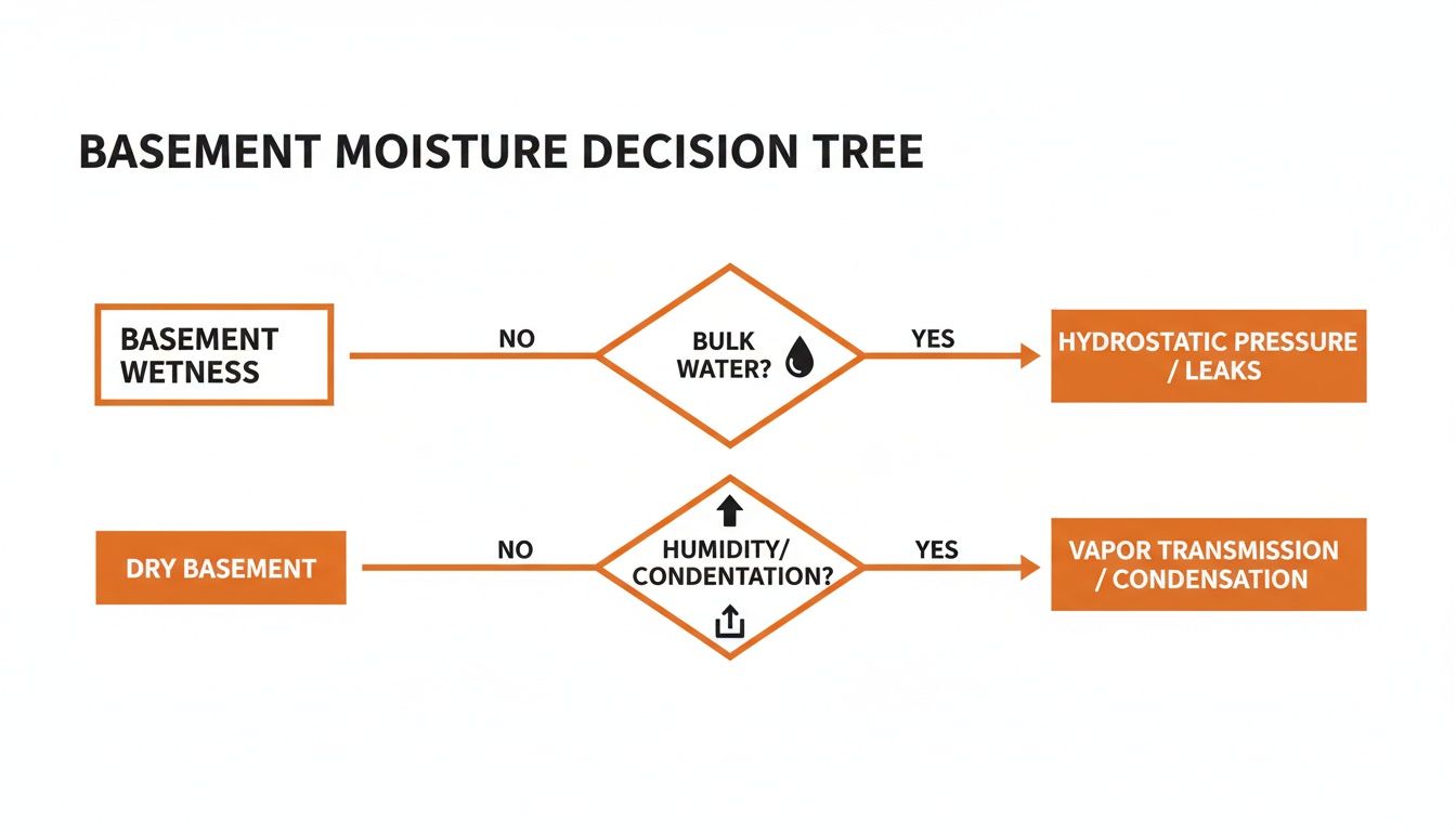 Basement moisture decision tree illustrating options for addressing basement wetness, including bulk water, hydrostatic pressure, and vapor transmission issues.