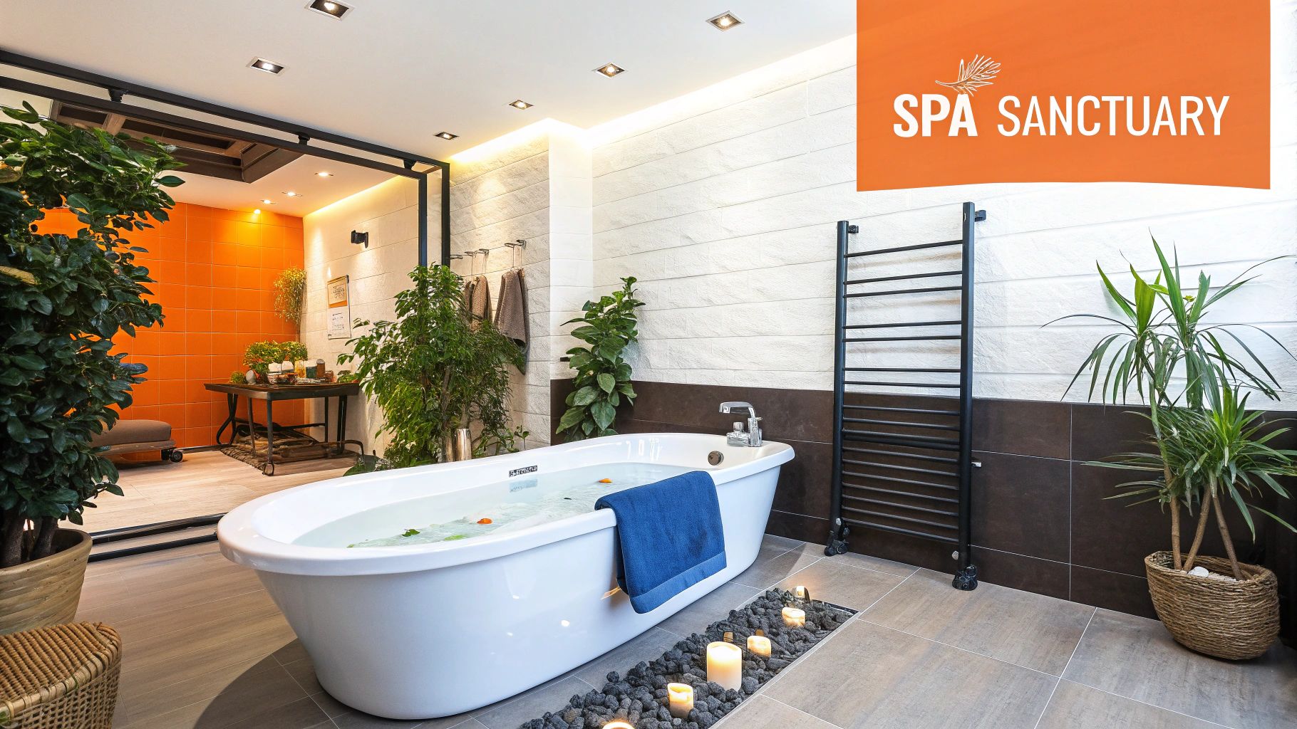 Luxurious spa bathroom featuring a freestanding tub, lush plants, and warm ambient lighting.