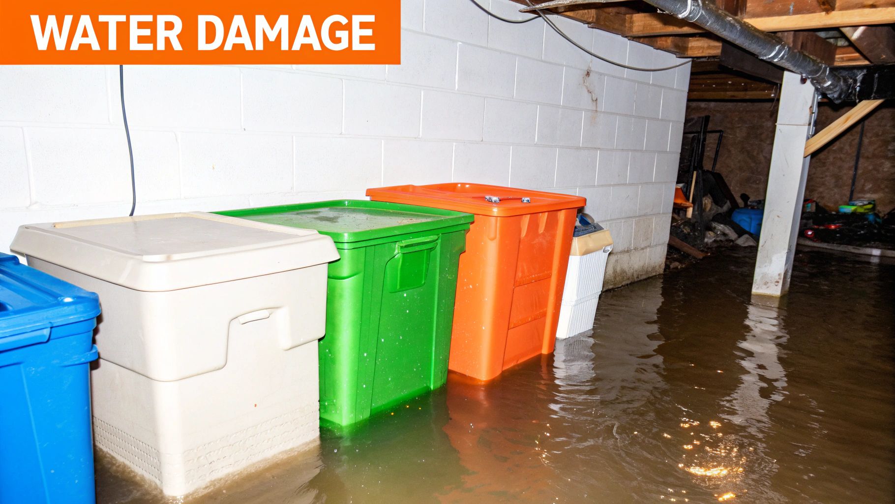 Water-damaged basement with colorful storage bins submerged in standing water, highlighting urgent need for water damage restoration services in Orange County.