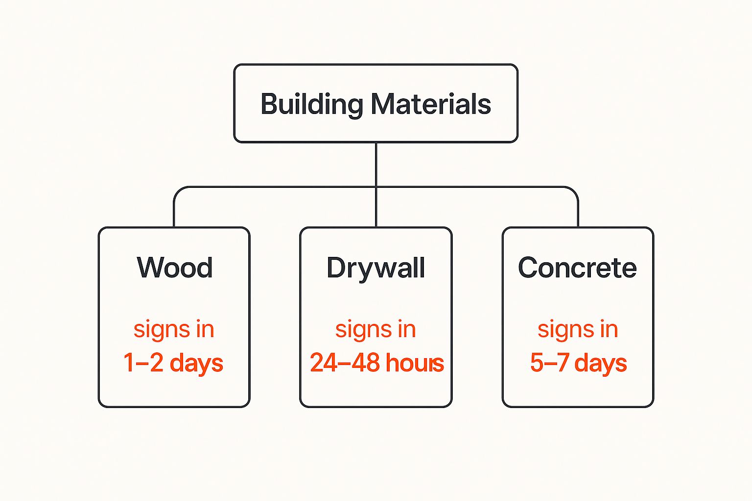 Building materials infographic showing signs of water damage timelines for wood (1-2 days), drywall (24-48 hours), and concrete (5-7 days), emphasizing urgency in water damage restoration.