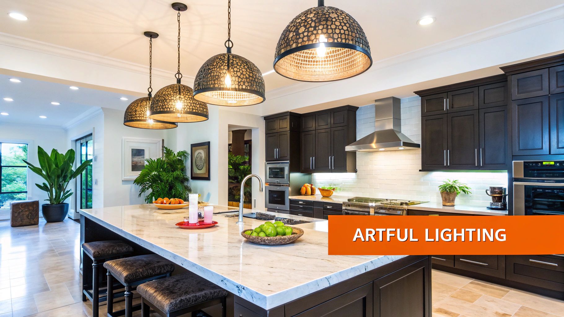 Modern luxury kitchen featuring artful pendant lighting, dark cabinetry, and a marble island with fresh fruits, showcasing elegant design elements for high-end culinary spaces.