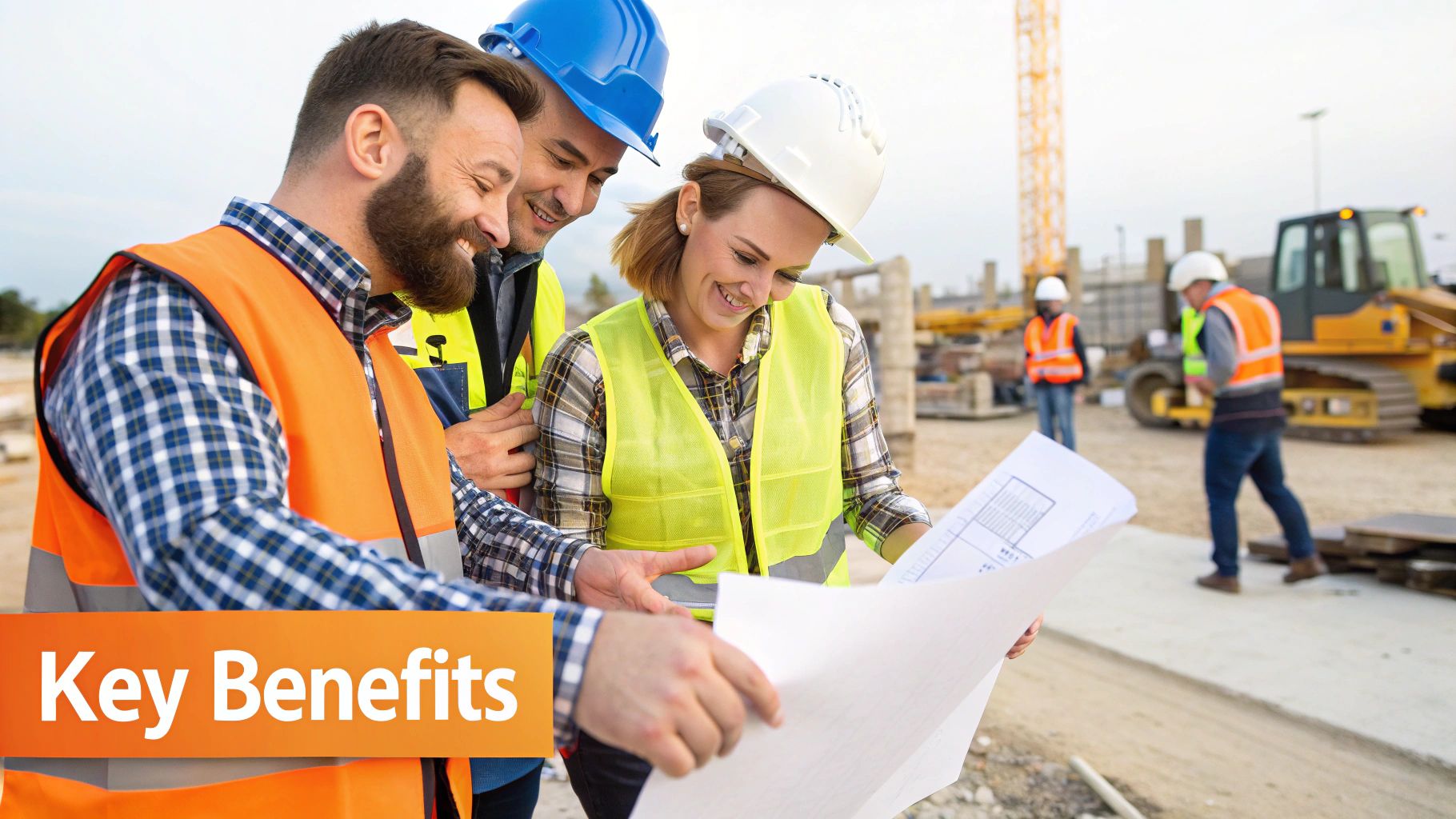 Construction team reviewing blueprints on site, highlighting key benefits of design-build approach in home renovations.