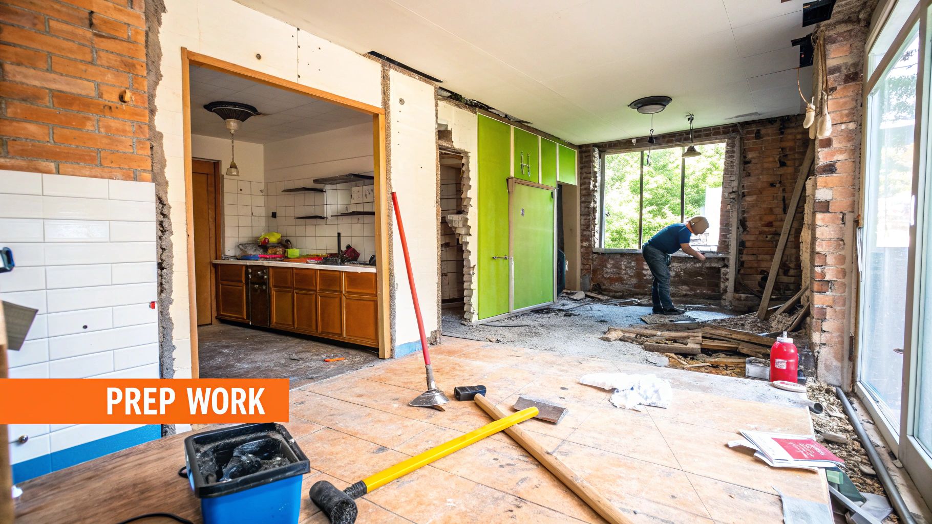 Kitchen demolition scene with a worker preparing for renovation, featuring exposed brick walls, tools like a sledgehammer and bucket, and a focus on careful deconstruction for a remodel.
