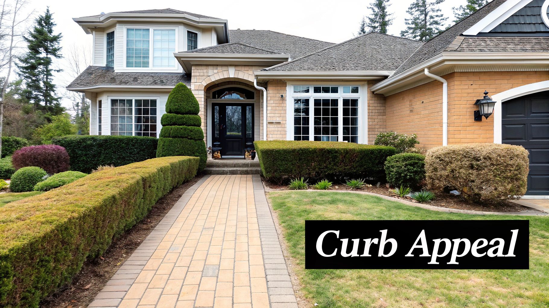 Elegant home exterior showcasing sophisticated landscaping, manicured hedges, and a welcoming pathway, emphasizing curb appeal in a Southern California context.