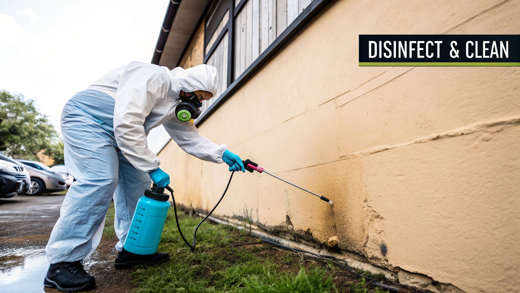 Professional technician in protective gear disinfecting and cleaning a water-damaged wall, emphasizing urgent remediation and mold prevention.