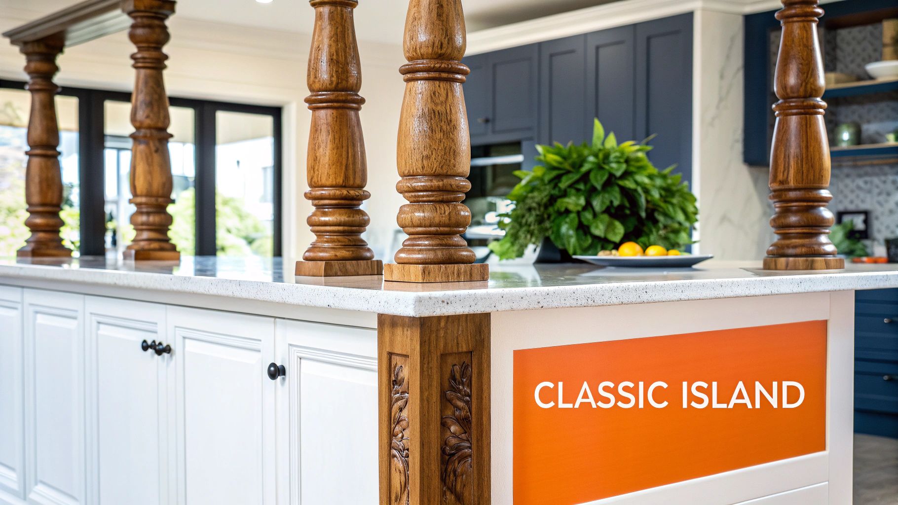 A classic kitchen island featuring ornate wooden columns, white cabinets, and a speckled countertop.