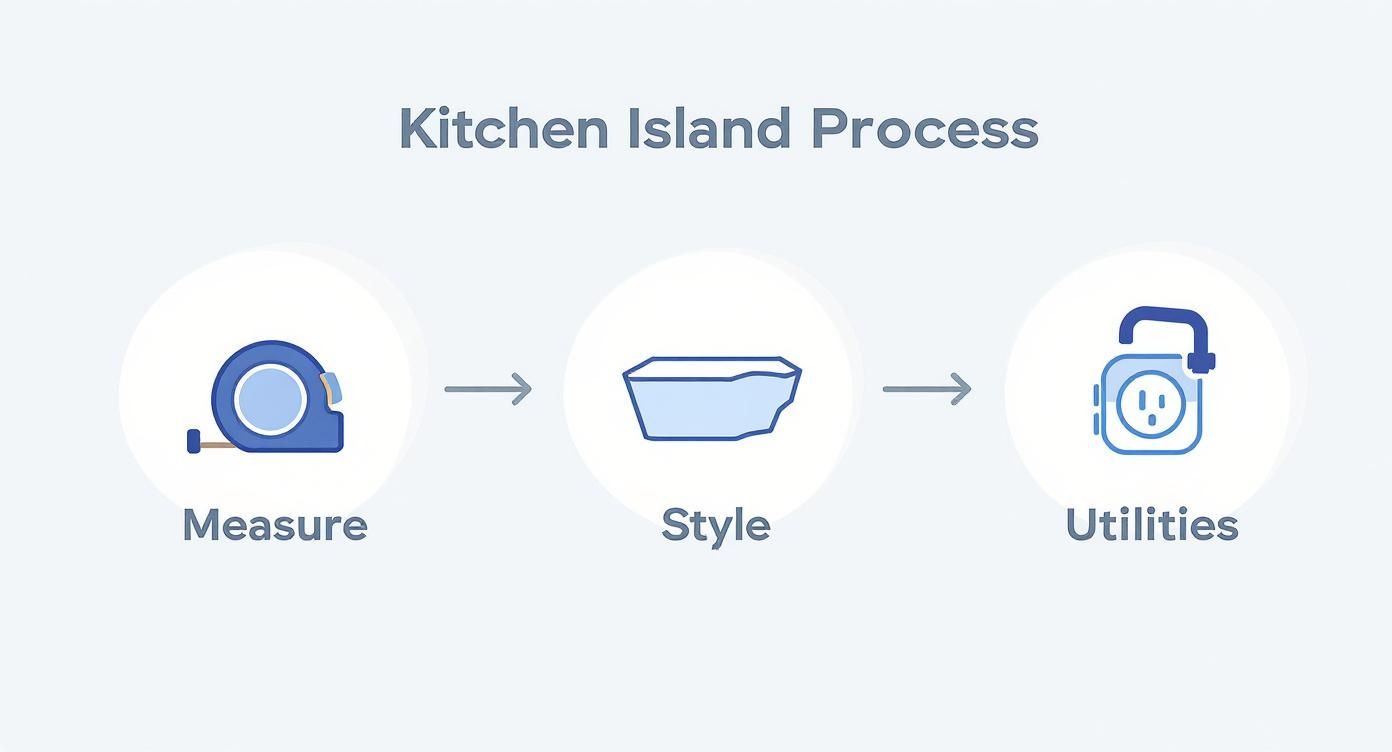 Kitchen island planning process diagram with icons for measuring, styling, and utilities, emphasizing essential steps for successful kitchen island installation.