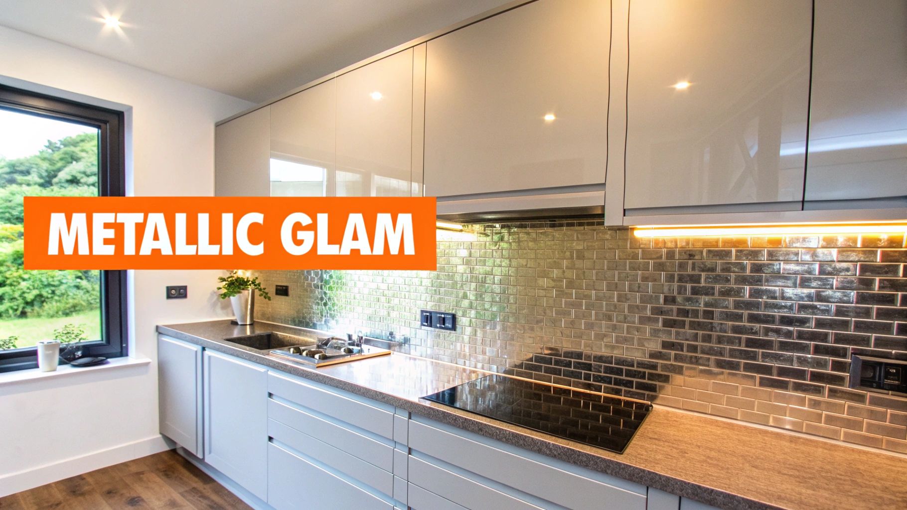 Modern kitchen features metallic subway tile backsplash, white cabinets, and dark countertop with an induction hob.