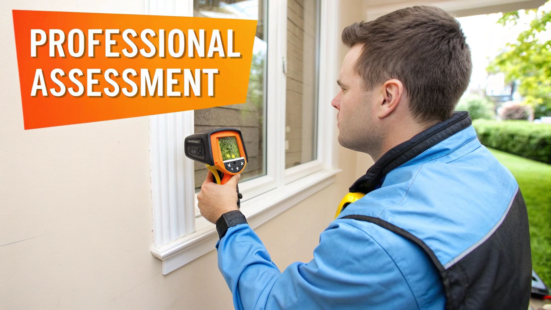 A man in a blue jacket uses a thermal camera to inspect a house window for a professional assessment.