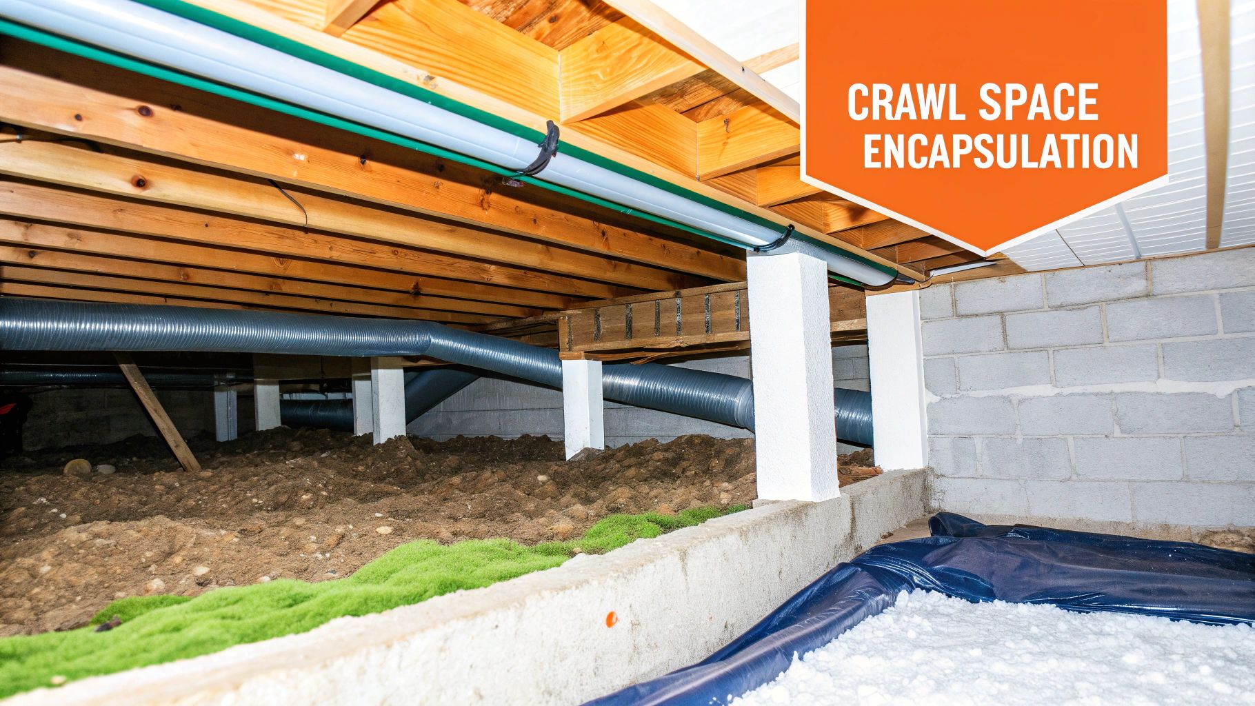 Crawl space encapsulation featuring heavy-duty vapor barrier, sealed ground, and ventilation ducts, illustrating improvements in moisture control and air quality for home restoration.