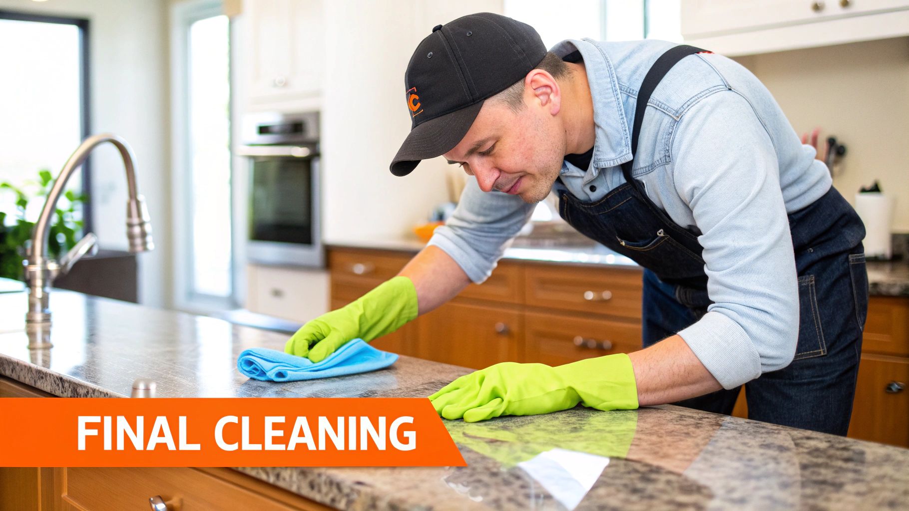 Professional technician in green gloves performing final cleaning on a kitchen countertop, emphasizing meticulous sanitization after water damage restoration.