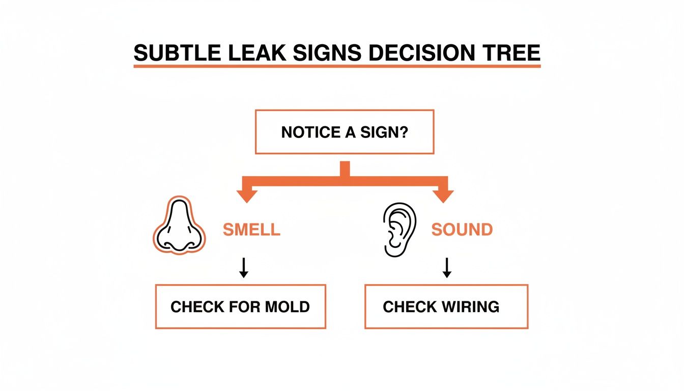 A decision tree diagram illustrating subtle leak signs, branching into smell (check for mold) and sound (check wiring).