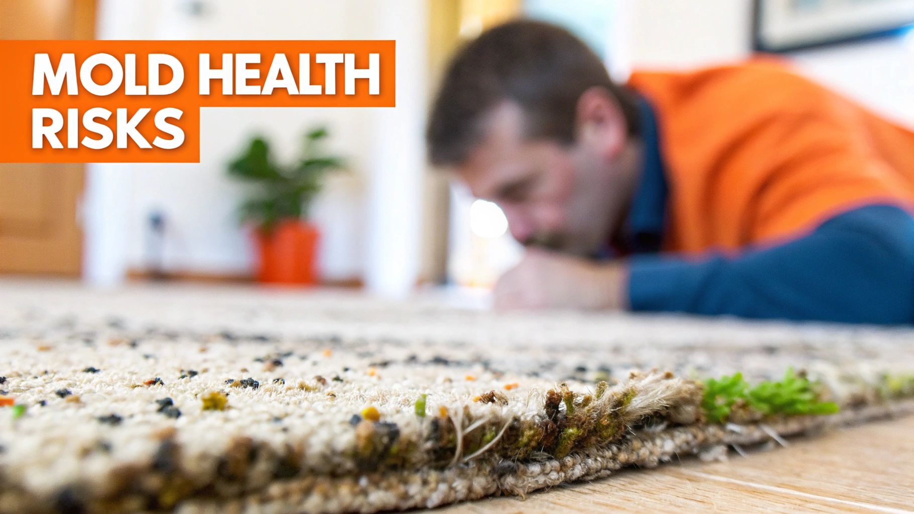 Mold health risks in carpet, with visible mold growth along the edge, as a professional inspects the affected area, emphasizing the dangers of mold from water damage.