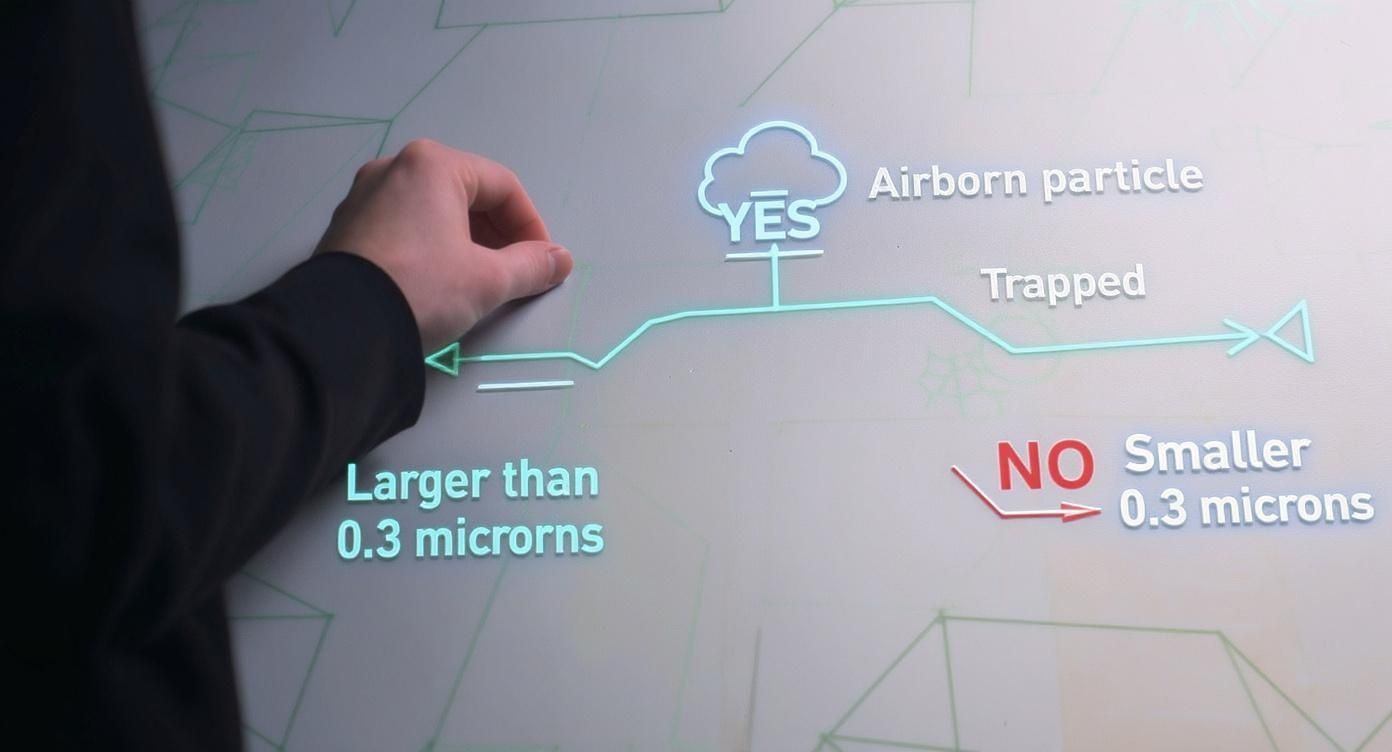 Diagram showing air purifier filtration system trapping airborne particles larger than 0.3 microns