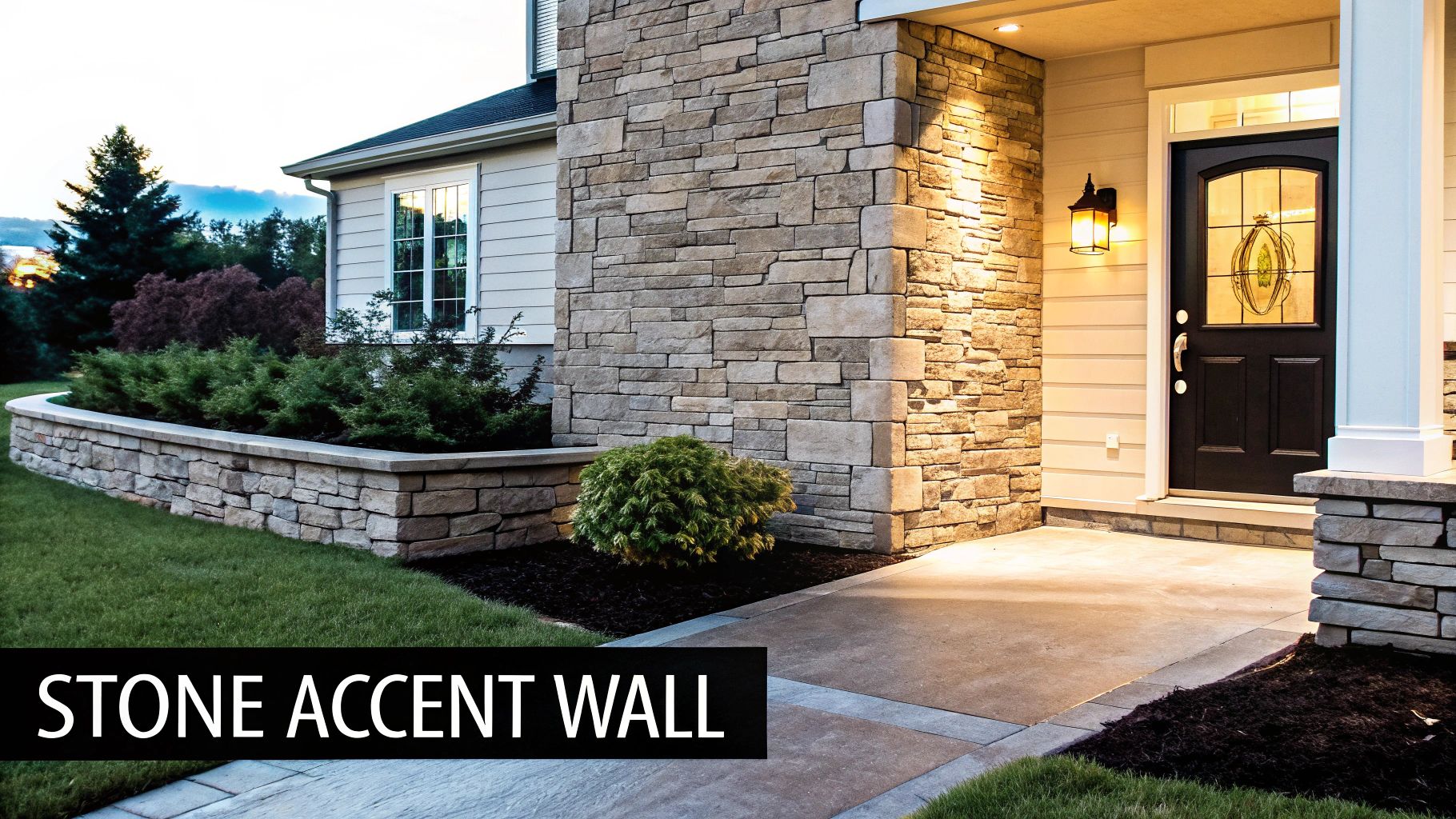 Stone veneer accent wall enhancing home entrance, showcasing elegant texture and luxury, complemented by landscaping and modern architecture.