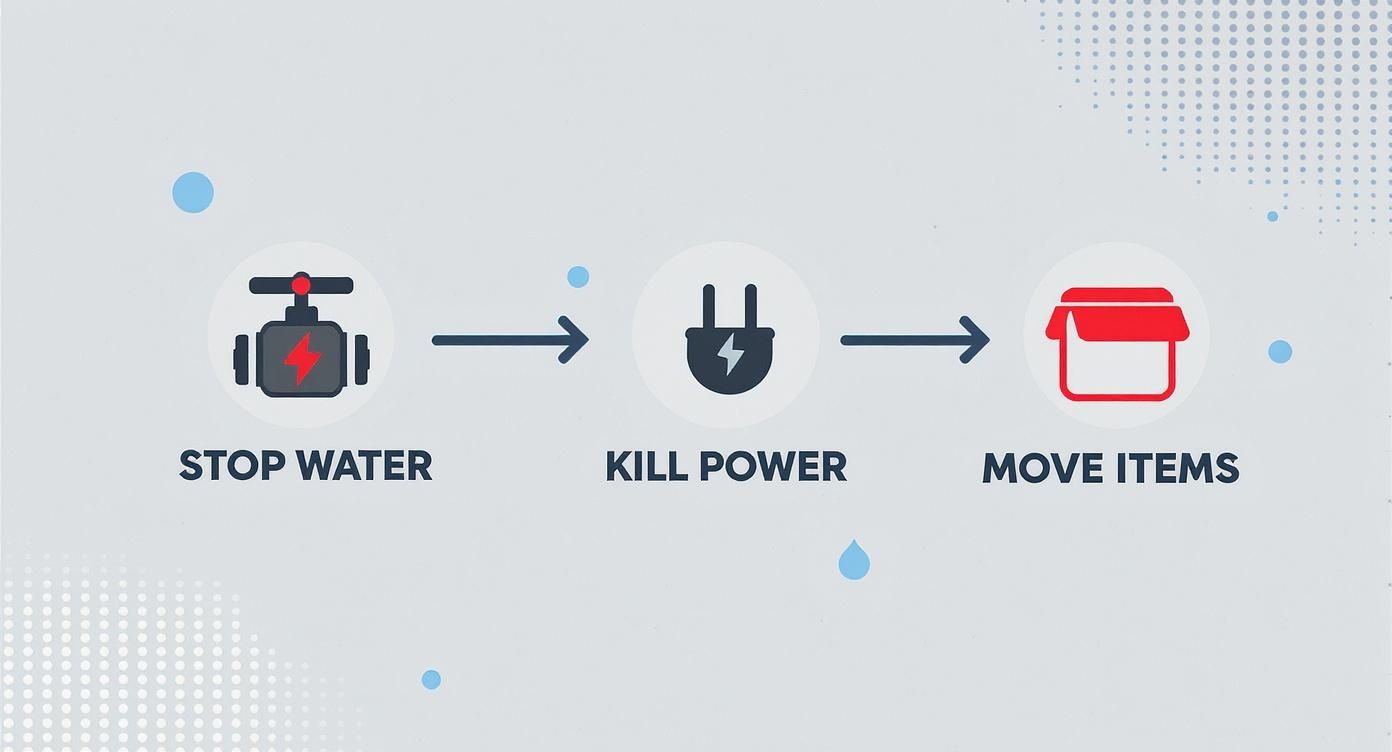 Infographic illustrating a three-step emergency plan for water damage: stop water, kill power, move items.