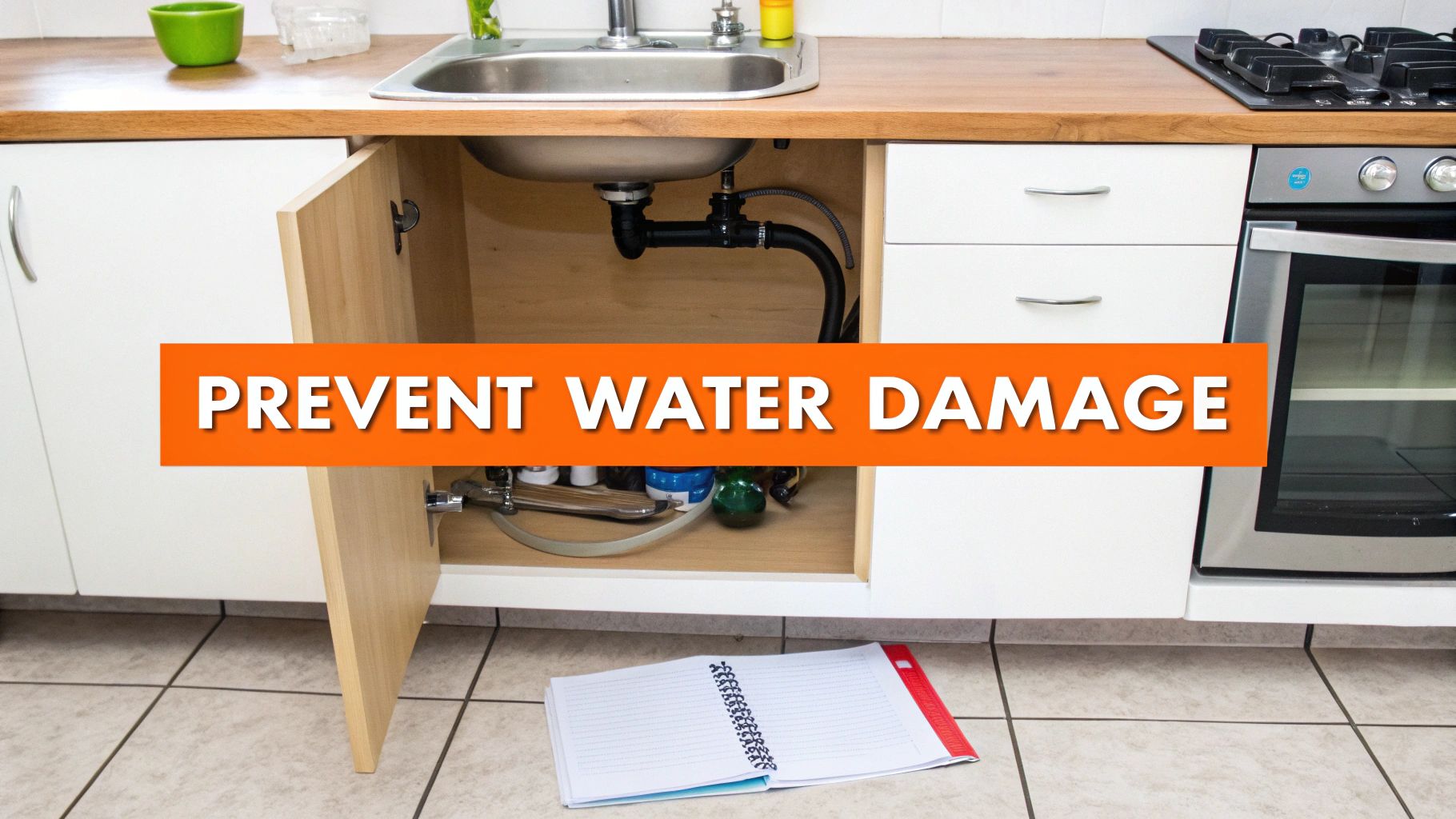 Open kitchen sink cabinet with visible plumbing, and text 'PREVENT WATER DAMAGE' overlay.
