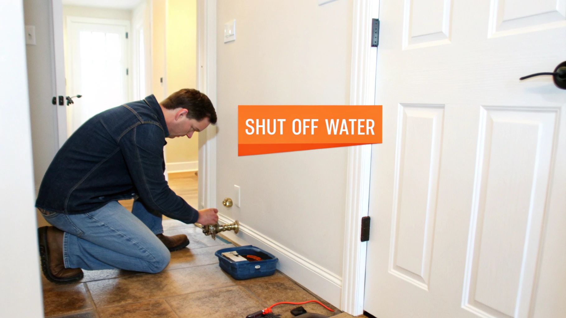 Man kneeling to shut off water valve from a wall, with an orange 'SHUT OFF WATER' overlay.