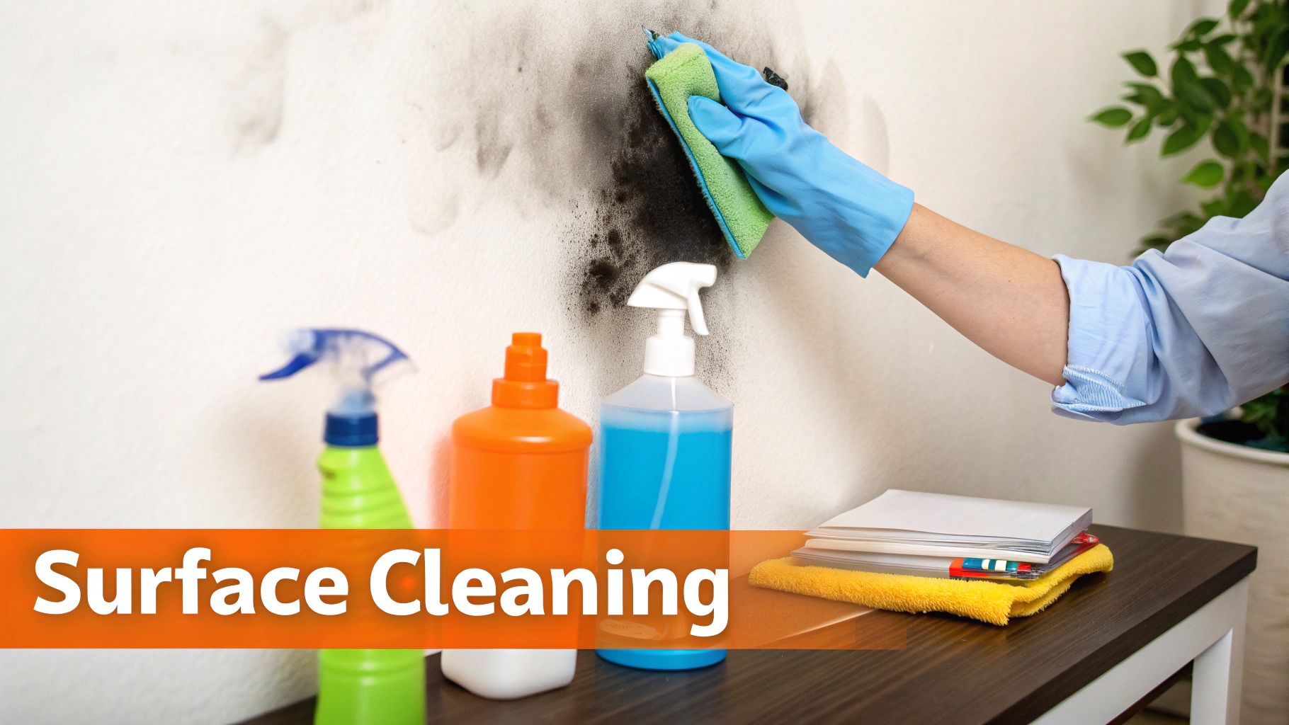 A person in a blue glove cleaning a moldy wall with a green sponge, with cleaning products on a table.