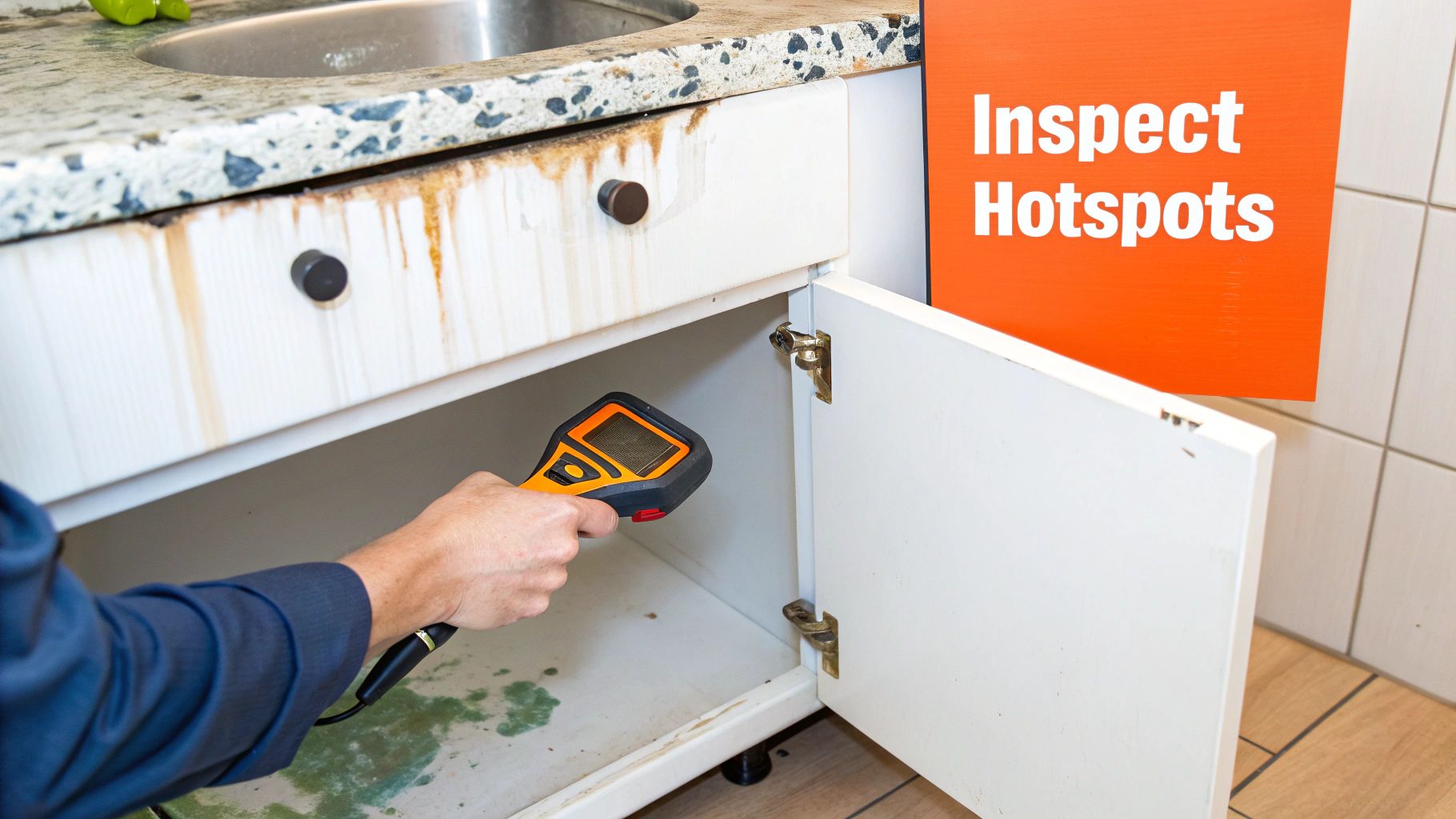A person uses a thermal camera to inspect under a sink cabinet for mold and water damage.