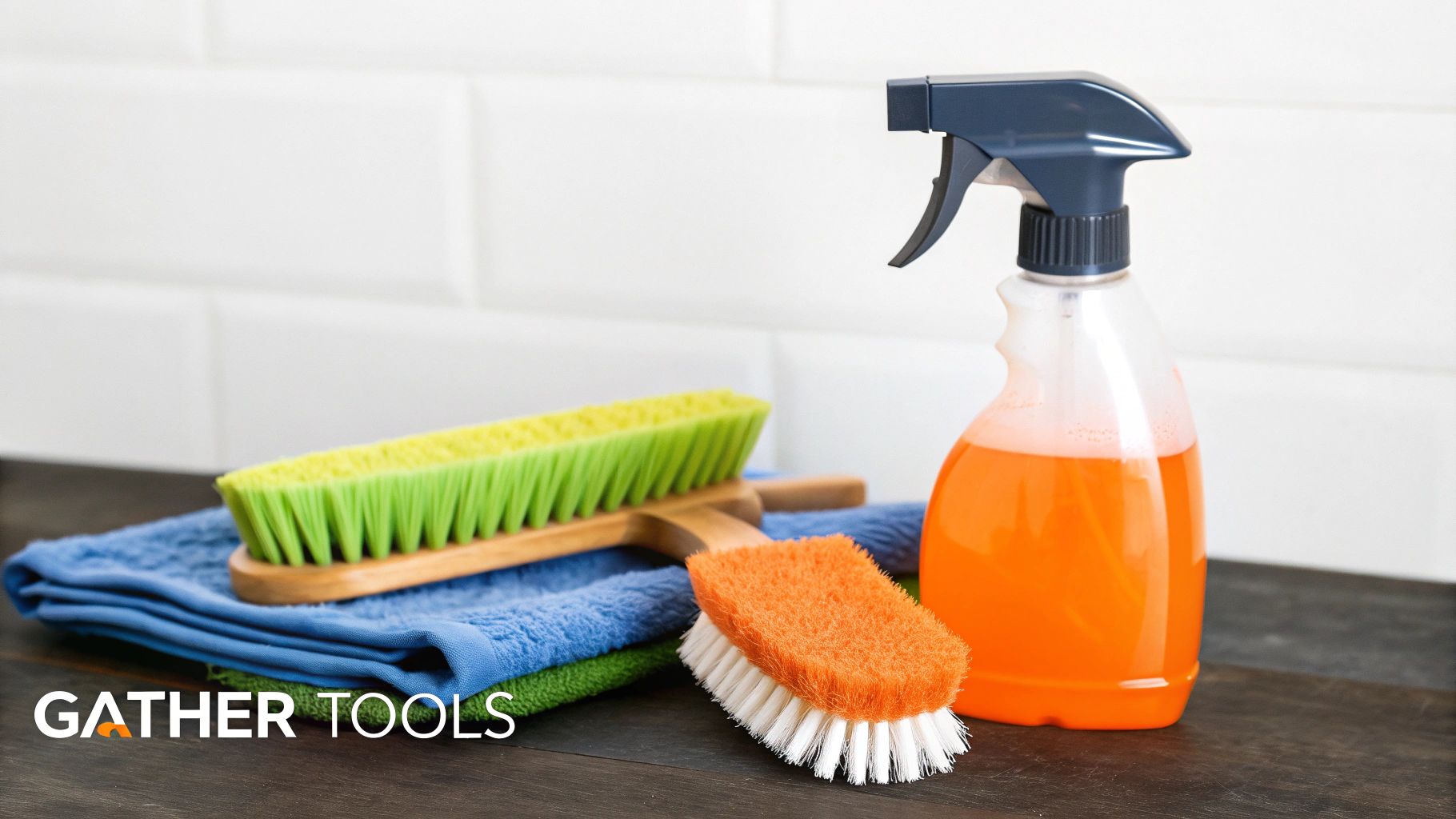 Cleaning supplies including spray bottle, sponges, and towels on a wooden surface, emphasizing tools for effective water stain removal and home restoration.