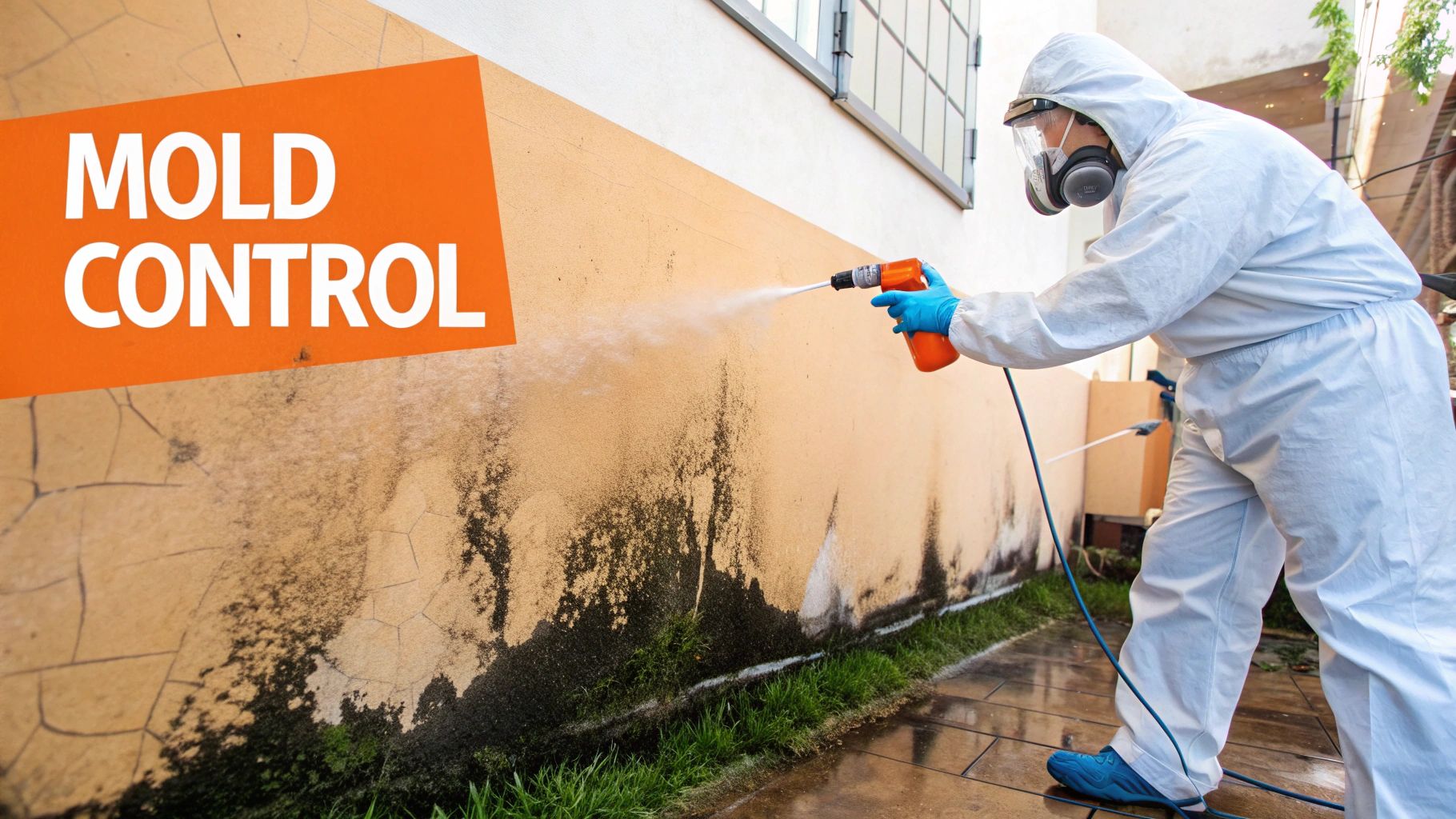 Person in protective gear using a spray device on a wall with mold, featuring a prominent "MOLD CONTROL" sign, illustrating mold remediation efforts related to water damage cleanup.