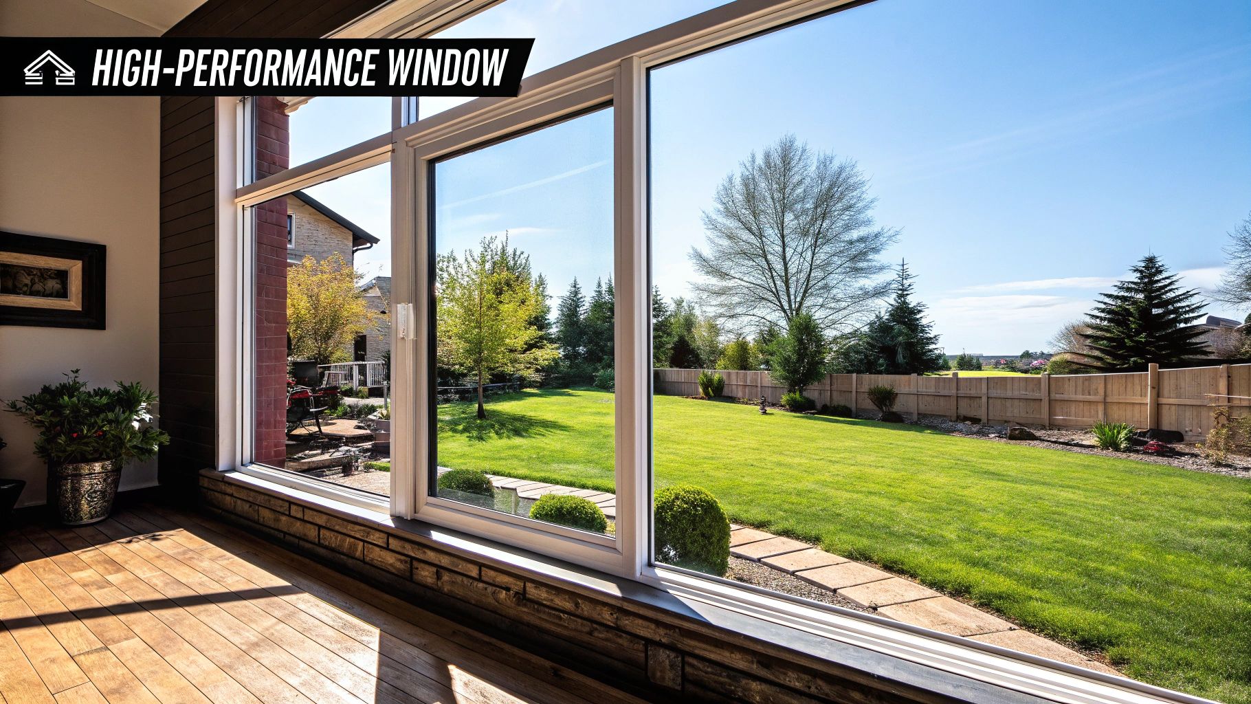 High-performance window showcasing a bright, energy-efficient view of a landscaped backyard with lush greenery, enhancing indoor comfort and reducing energy loss.