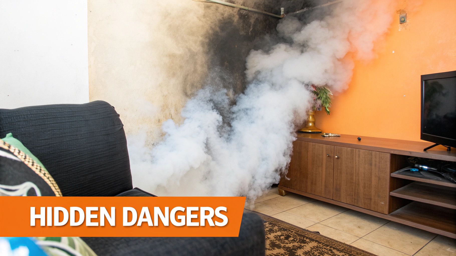 Smoke-filled room with charred walls and furniture, highlighting the hidden dangers of smoke damage; text overlay reads "Hidden Dangers."