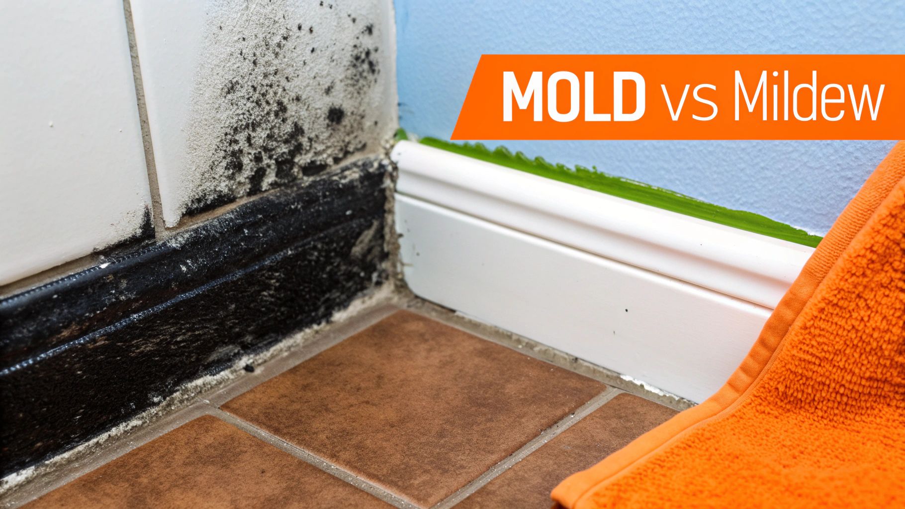 Mold growth in a bathroom corner, featuring dark black mold along the baseboard and light gray mildew on the tiles, with an orange towel in the foreground and a text overlay reading "MOLD vs Mildew."